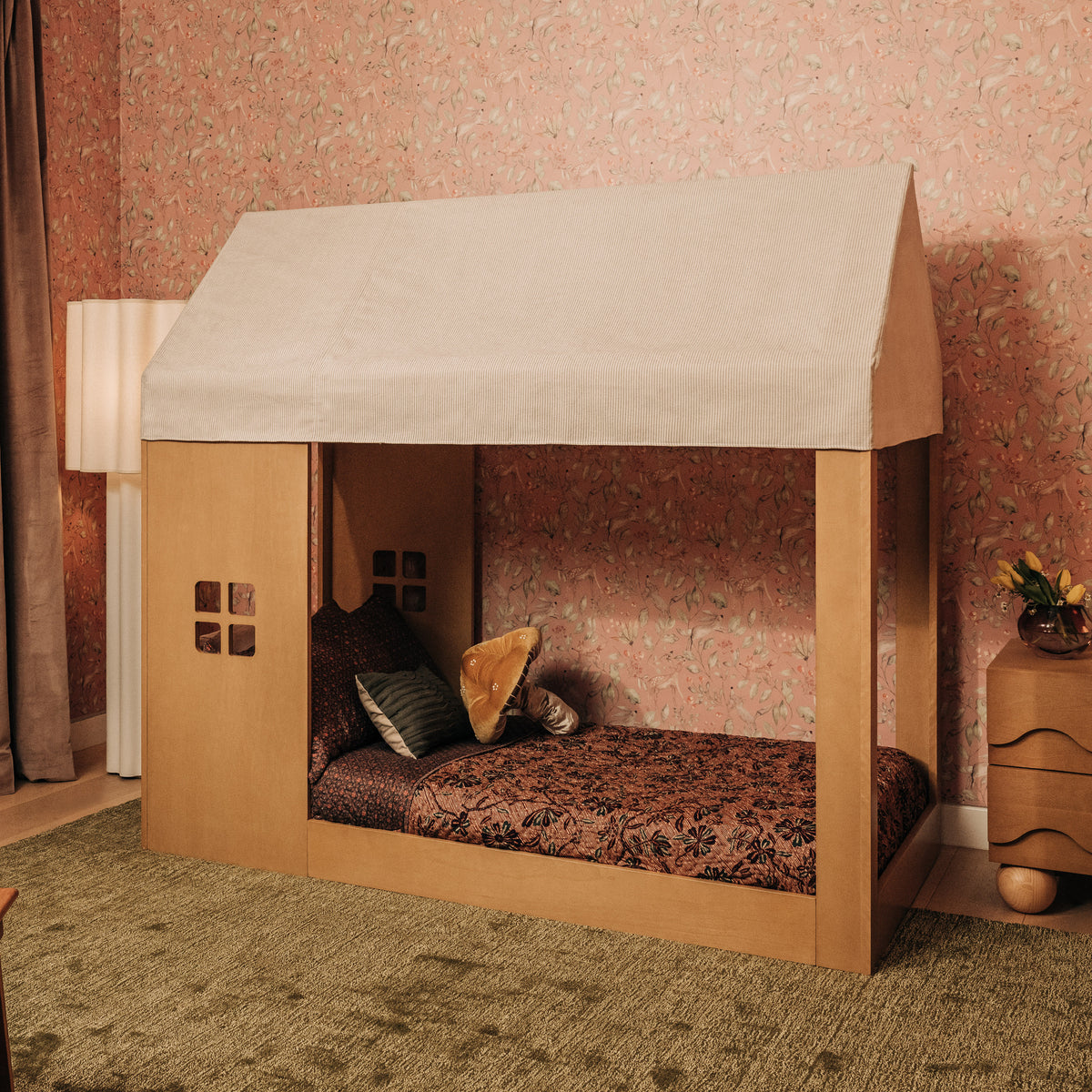 M32830FCS,Babyletto Kids,Uchi Montessori-Inspired House Twin Bed Canopy in Fog Chatham Stripe Eco-Weave