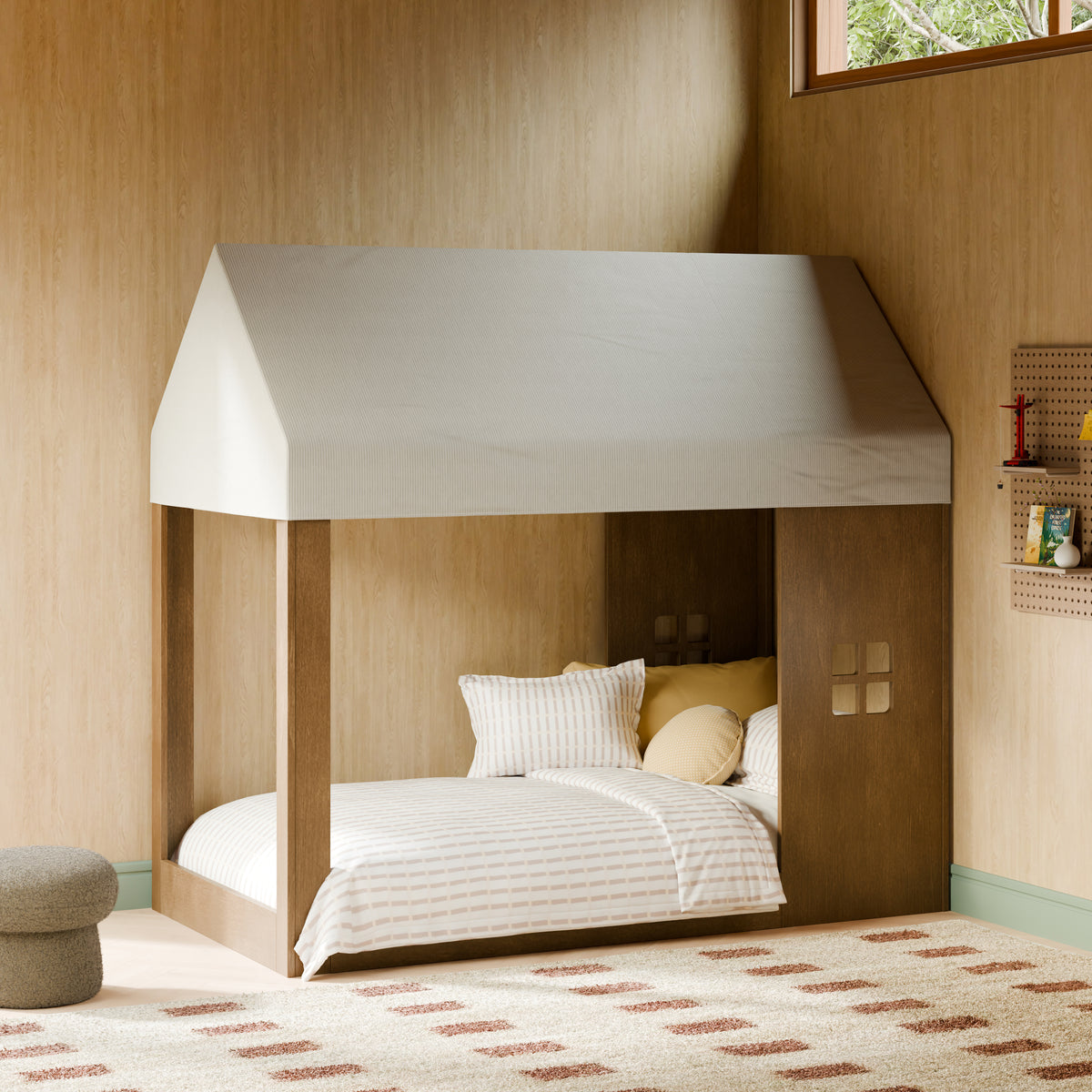 M32830FCS,Babyletto Kids,Uchi Montessori-Inspired House Twin Bed Canopy in Fog Chatham Stripe Eco-Weave