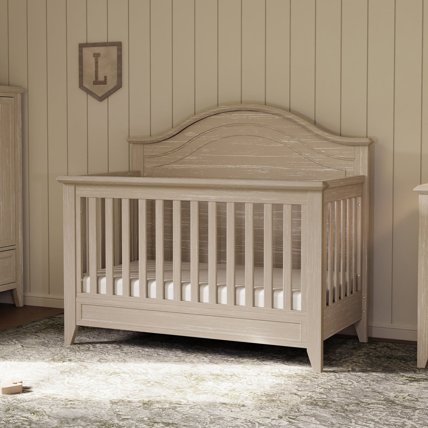 M34401SDB,Monogram by Namesake,Barrow Rustic 4-in-1 Convertible Curve Top Crib in Sandbar