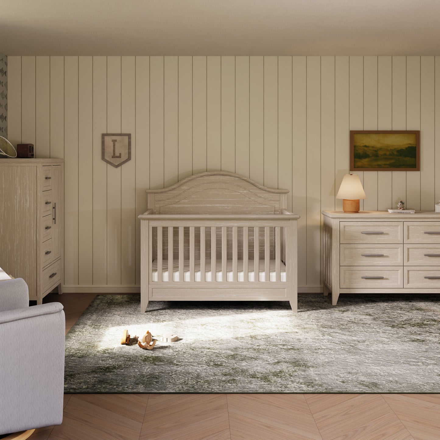 M34401SDB,Monogram by Namesake,Barrow Rustic 4-in-1 Convertible Curve Top Crib in Sandbar