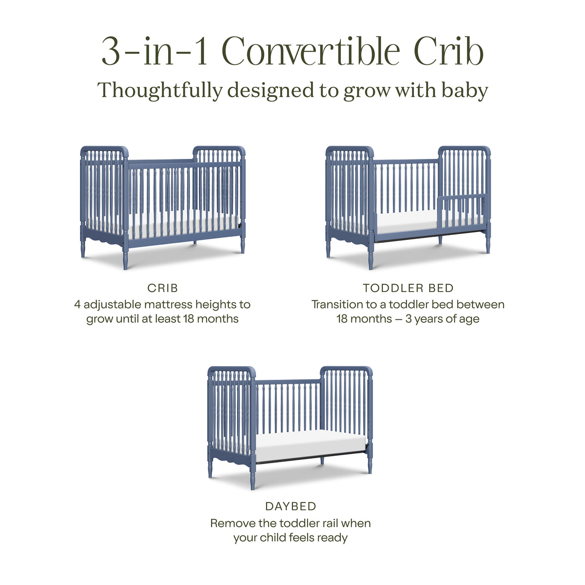 M7101CVB,Namesake,Liberty 3-in-1 Convertible Spindle Crib w/Toddler Bed Conversion Kit in Cove Blue
