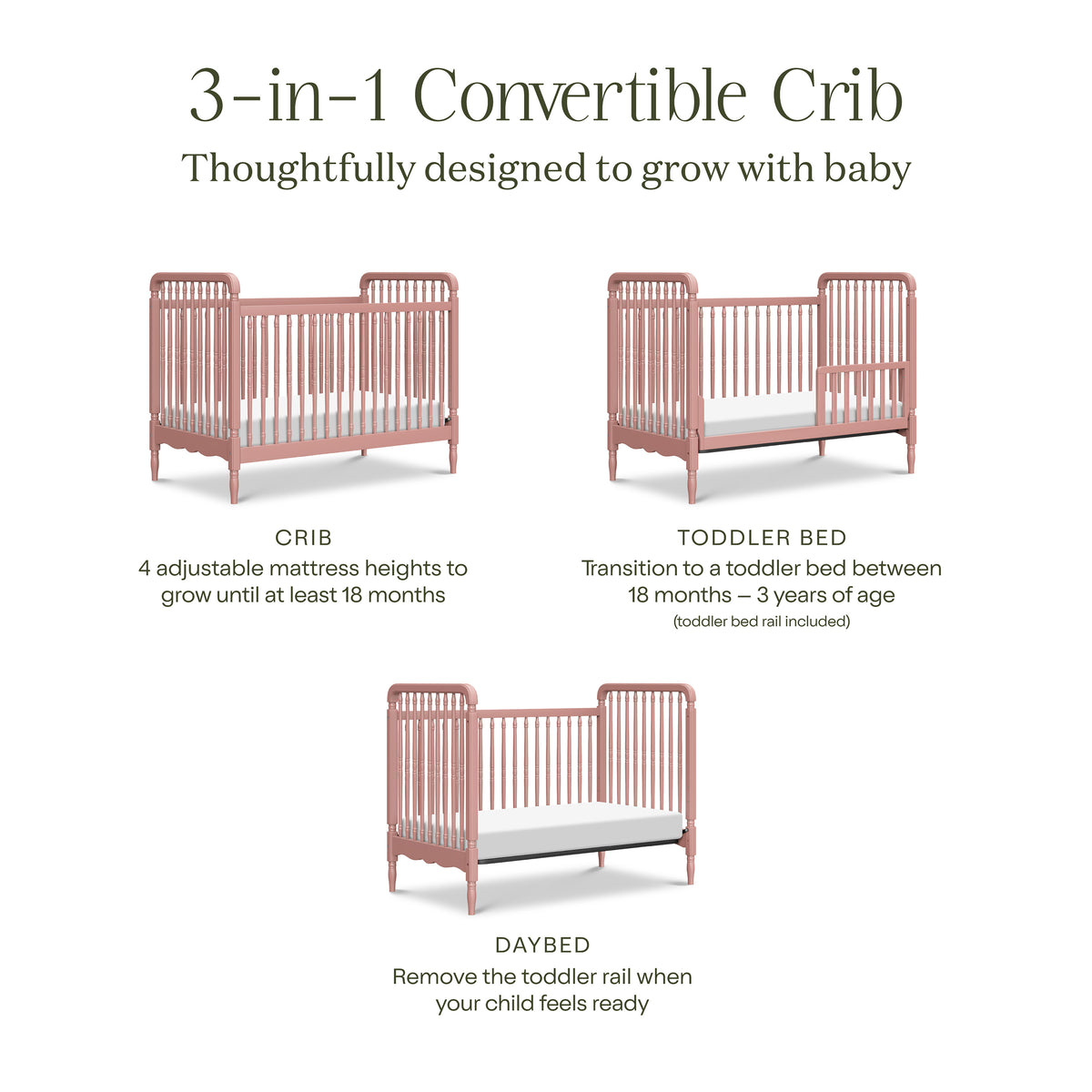 M7101DTR,Namesake,Liberty 3-in-1 Convertible Spindle Crib w/Toddler Bed Conversion Kit in Dusty Rose