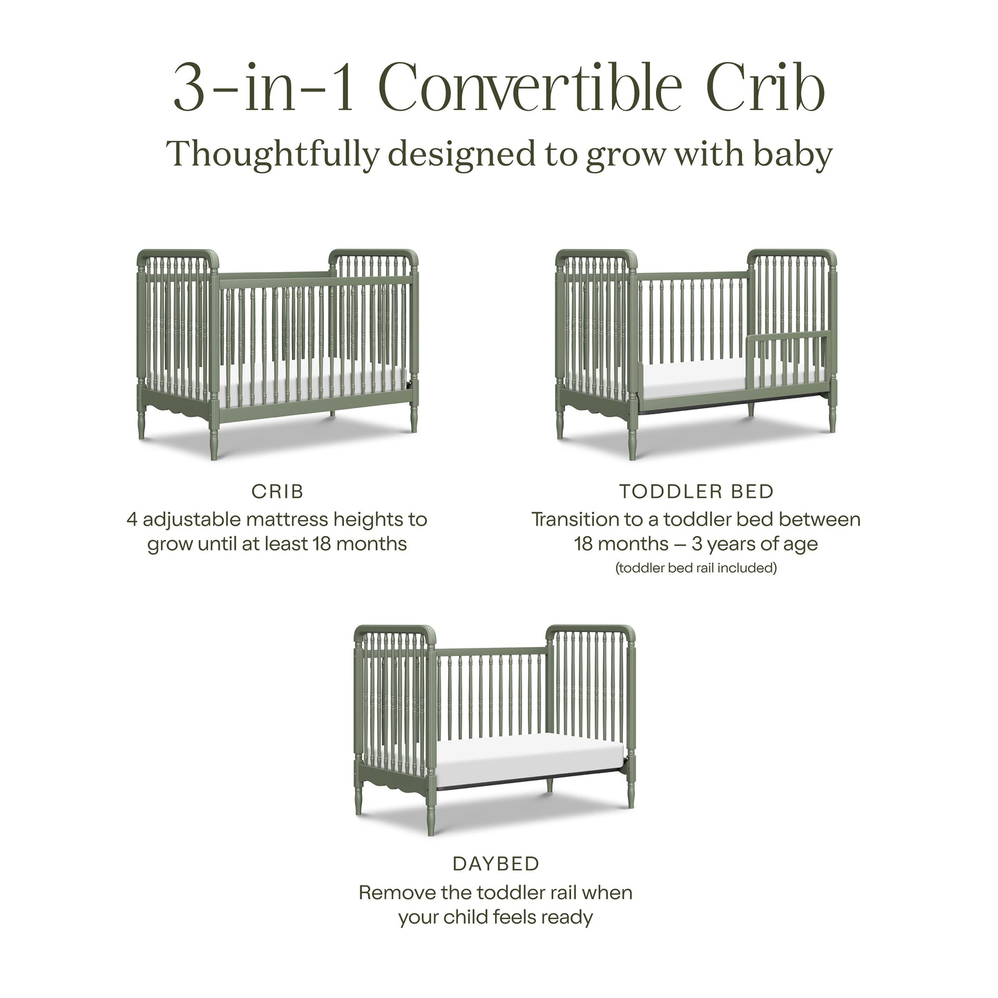 M7101JP,Namesake,Liberty 3-in-1 Convertible Spindle Crib w/Toddler Bed Conversion Kit in Juniper