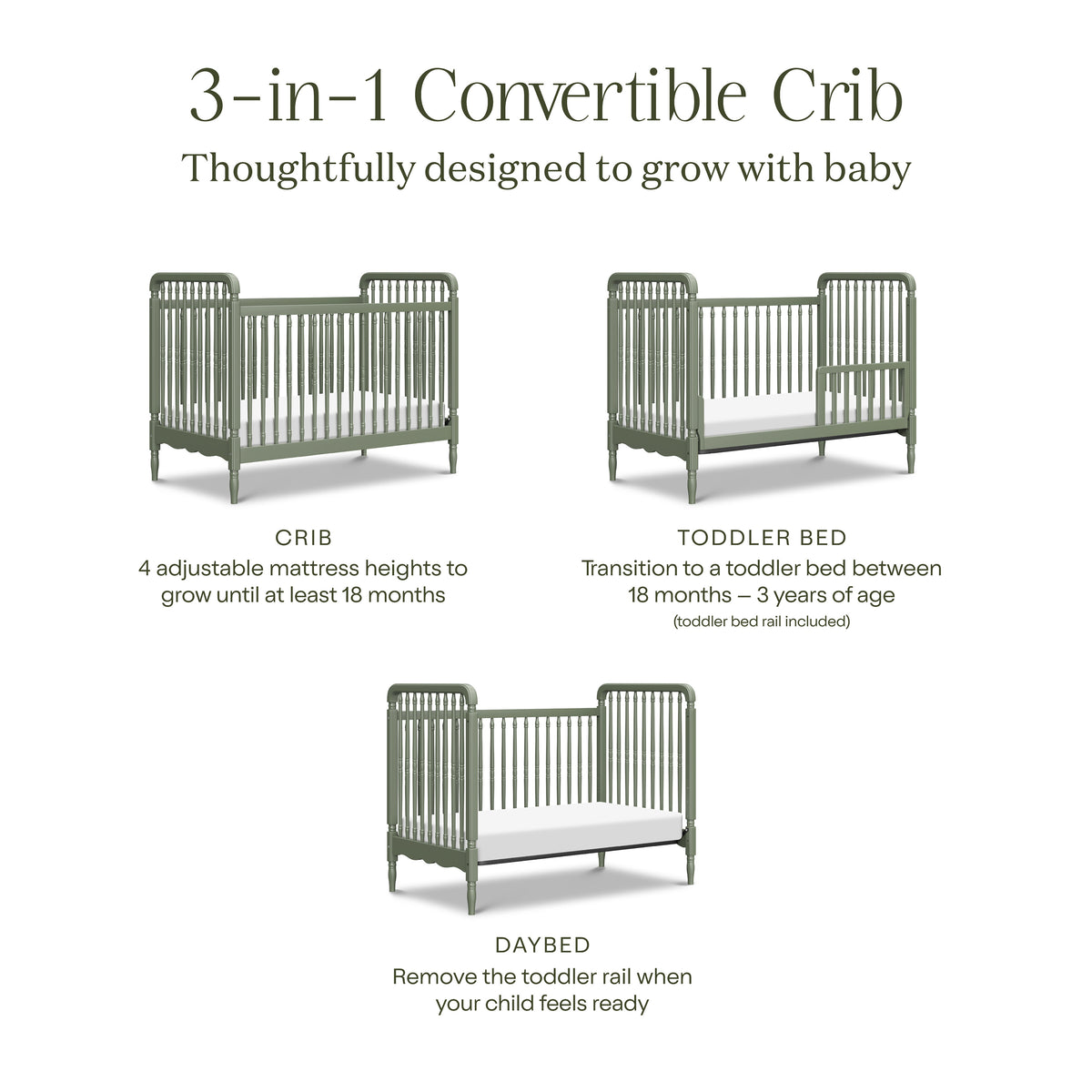 M7101JP,Namesake,Liberty 3-in-1 Convertible Spindle Crib w/Toddler Bed Conversion Kit in Juniper