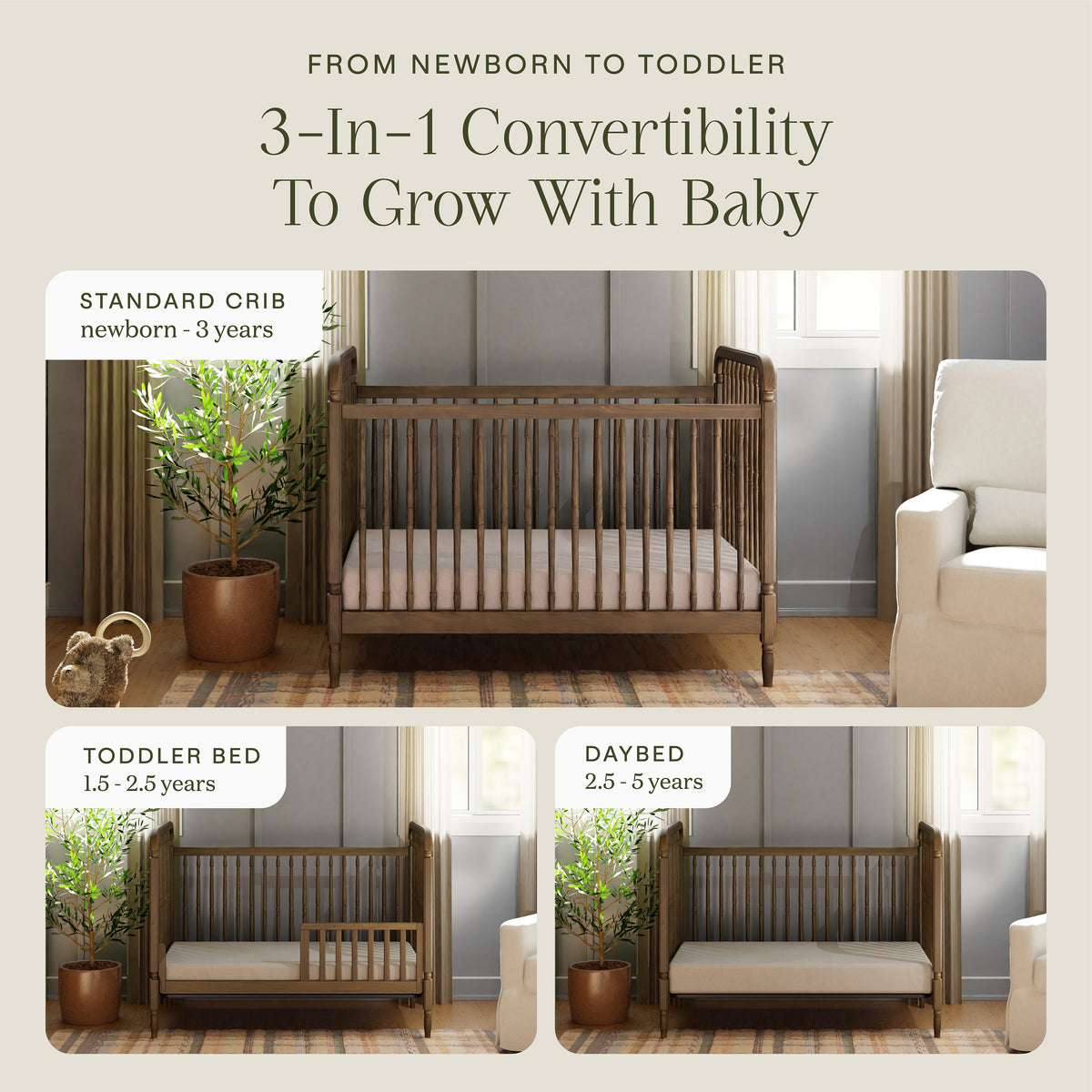 M7101NL,Namesake,Liberty 3-in-1 Convertible Spindle Crib w/Toddler Bed Conversion Kit in Natural Walnut