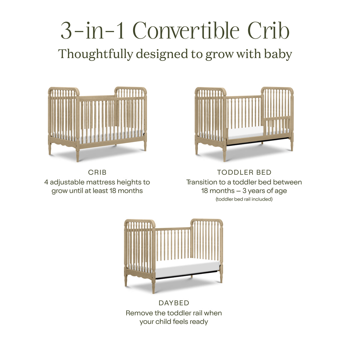 M7101WP,Namesake,Liberty 3-in-1 Convertible Spindle Crib w/Toddler Bed Conversion Kit in Washed Pine