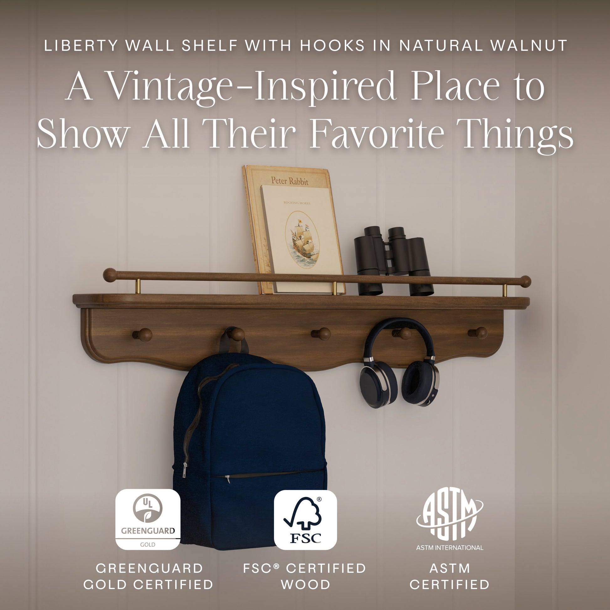 M7125NL,Namesake Kids,Liberty 31 Wall Shelf with Hooks in Natural Walnut