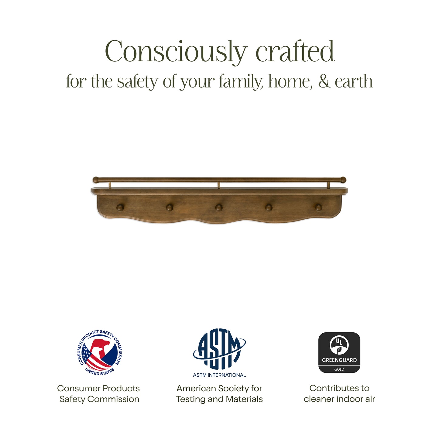 M7125NL,Namesake Kids,Liberty 31 Wall Shelf with Hooks in Natural Walnut