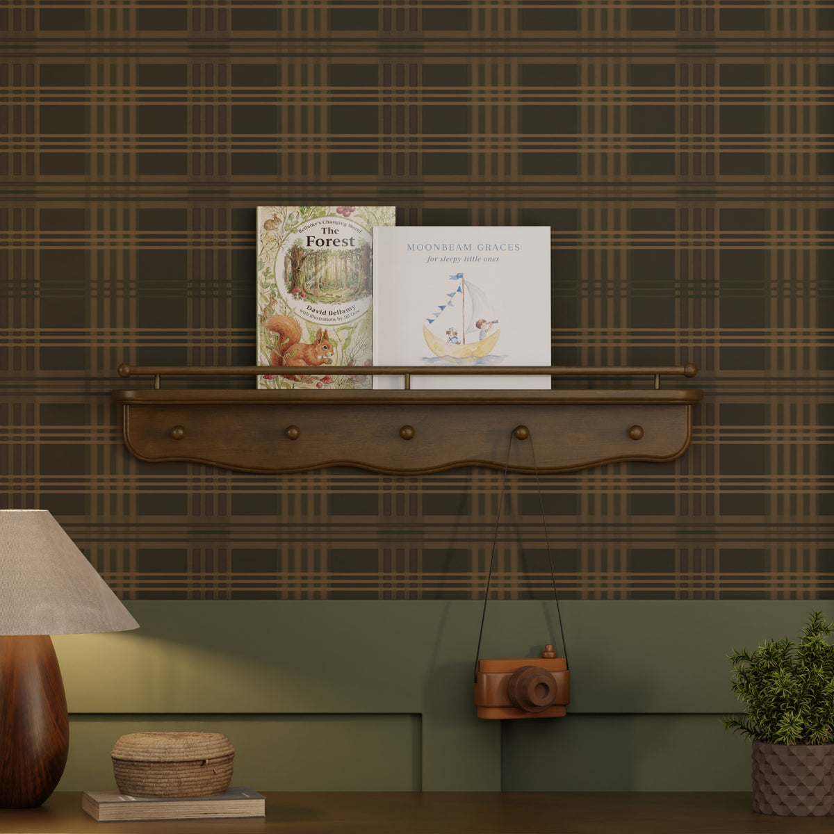 M7125NL,Namesake Kids,Liberty 31 Wall Shelf with Hooks in Natural Walnut