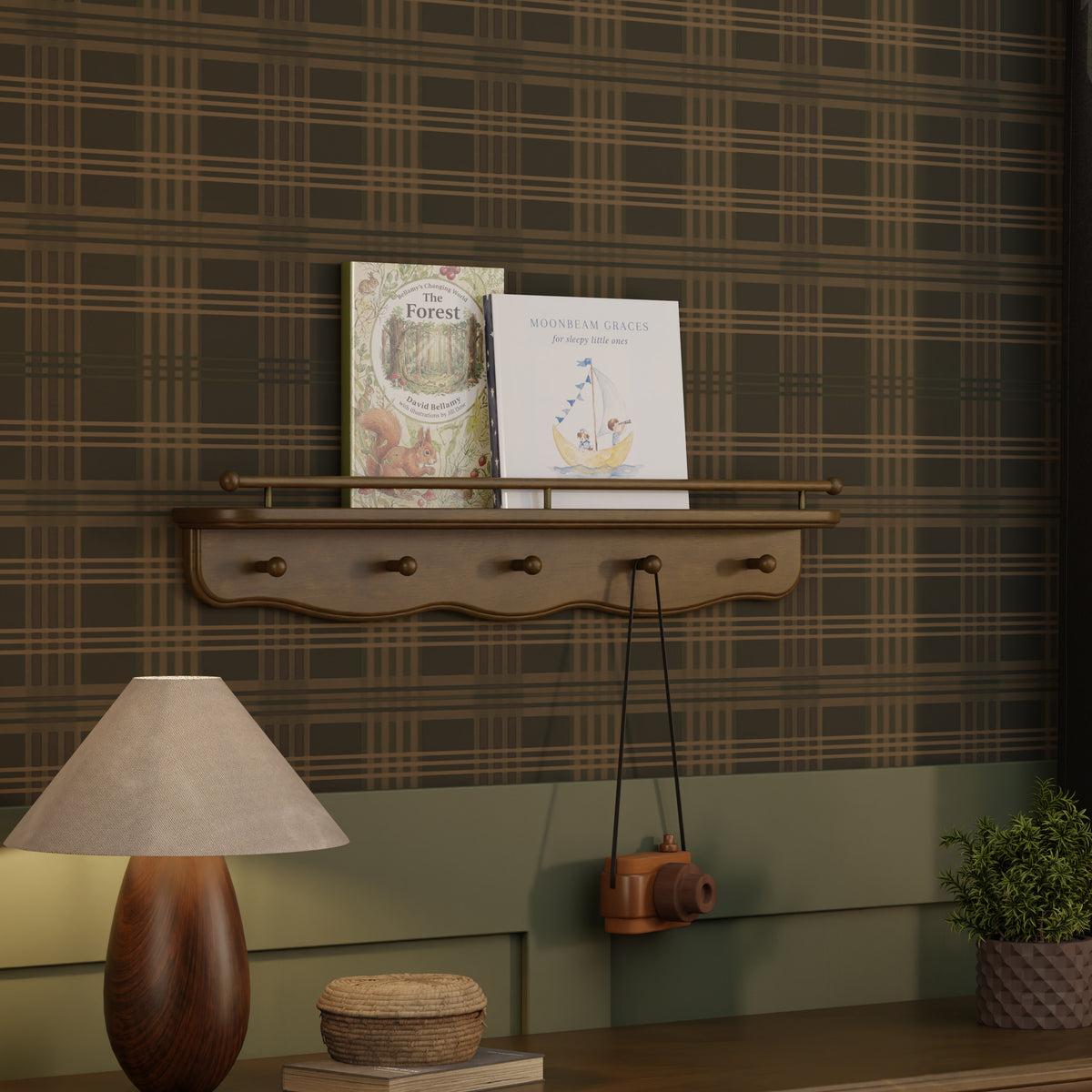 M7125NL,Namesake Kids,Liberty 31 Wall Shelf with Hooks in Natural Walnut