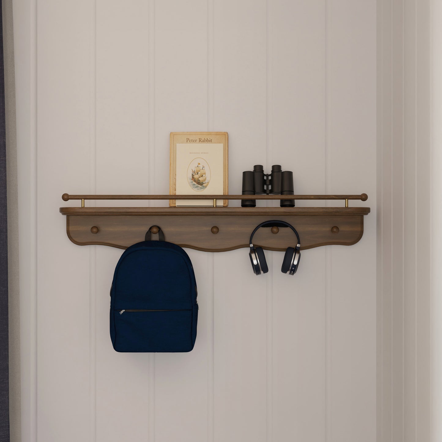 M7125NL,Namesake Kids,Liberty 31 Wall Shelf with Hooks in Natural Walnut