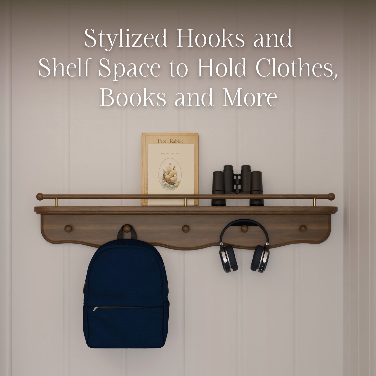 M7125NL,Namesake Kids,Liberty 31 Wall Shelf with Hooks in Natural Walnut