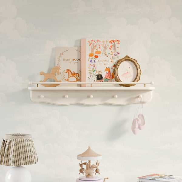 M7125RW,Namesake Kids,Liberty 31 Wall Shelf with Hooks in Warm White