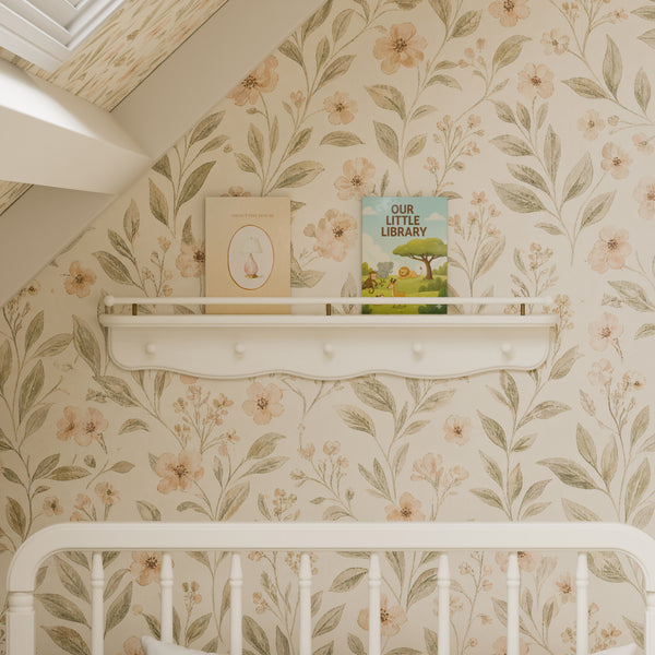 M7125RW,Namesake Kids,Liberty 31 Wall Shelf with Hooks in Warm White