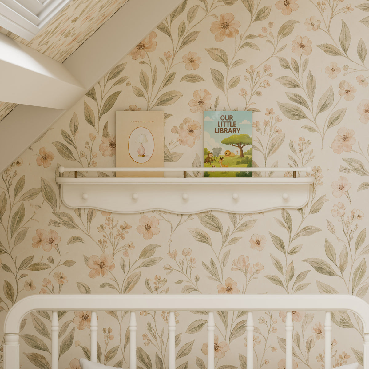 M7125RW,Namesake Kids,Liberty 31 Wall Shelf with Hooks in Warm White
