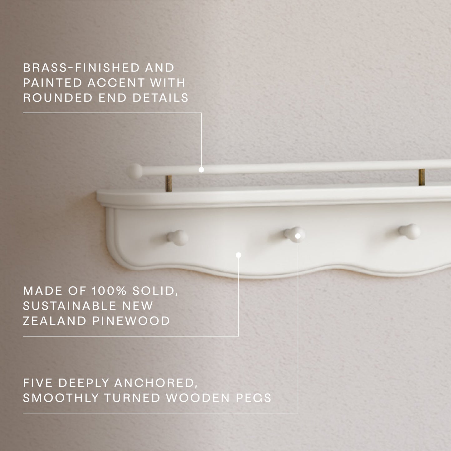 M7125RW,Namesake Kids,Liberty 31 Wall Shelf with Hooks in Warm White