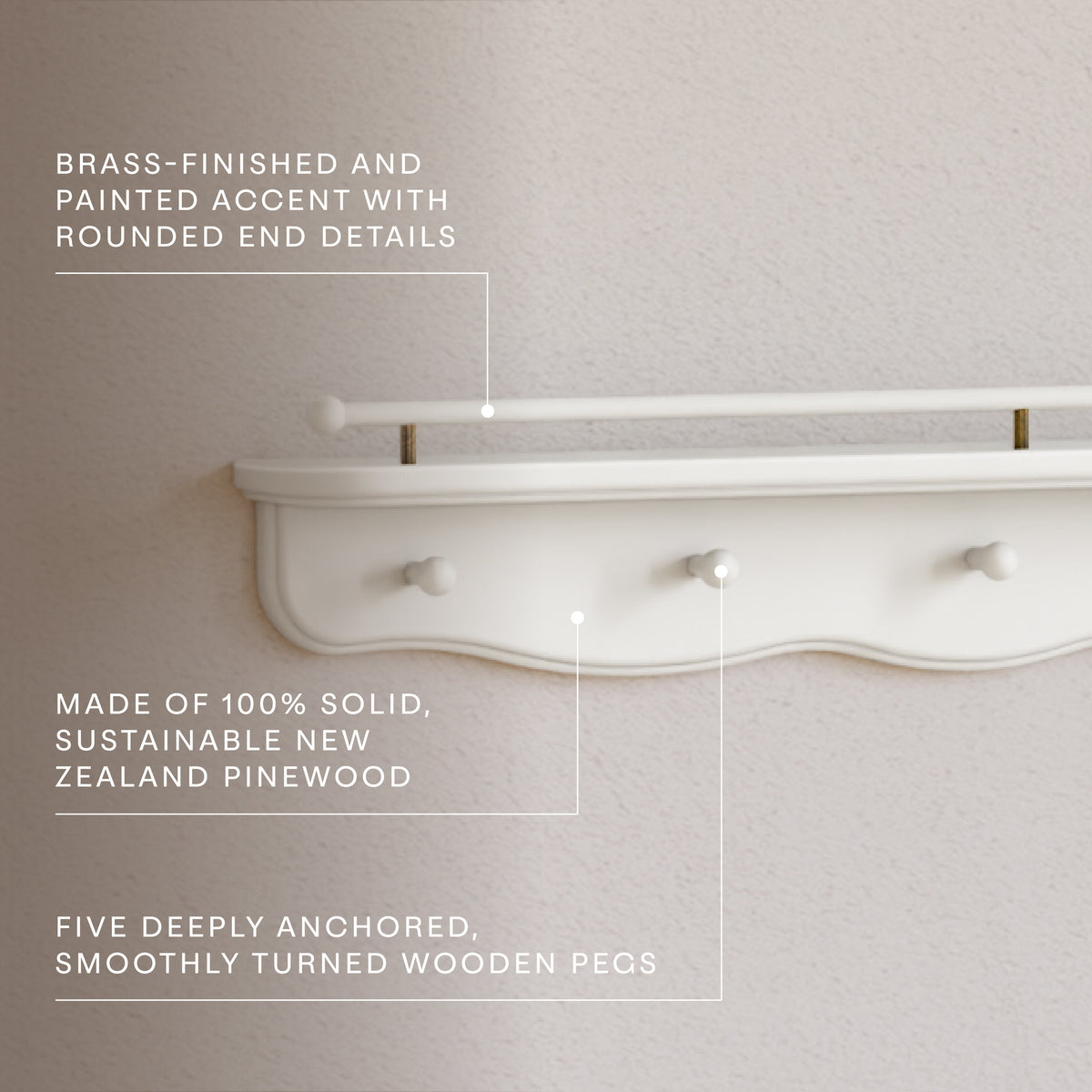 M7125RW,Namesake Kids,Liberty 31 Wall Shelf with Hooks in Warm White