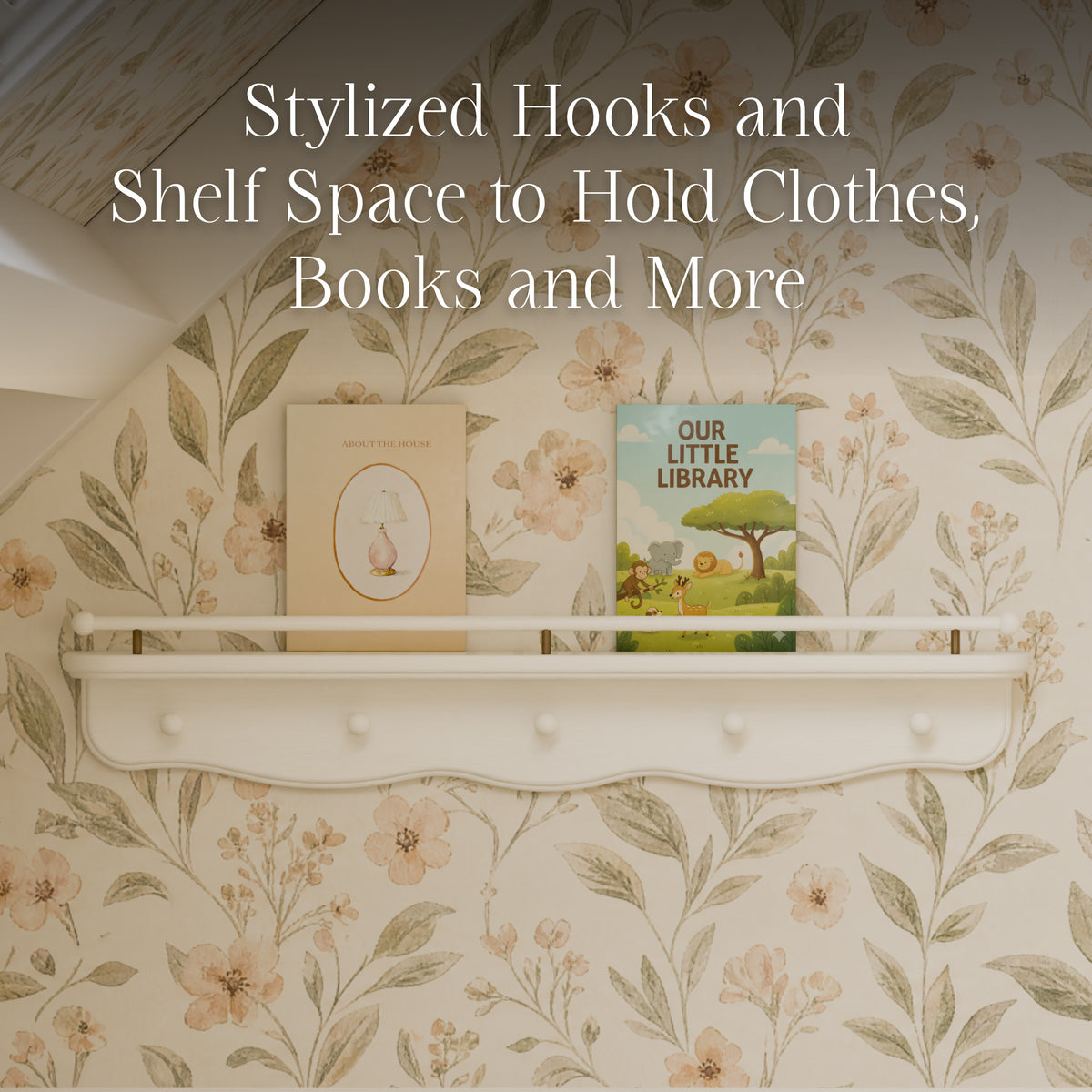 M7125RW,Namesake Kids,Liberty 31 Wall Shelf with Hooks in Warm White