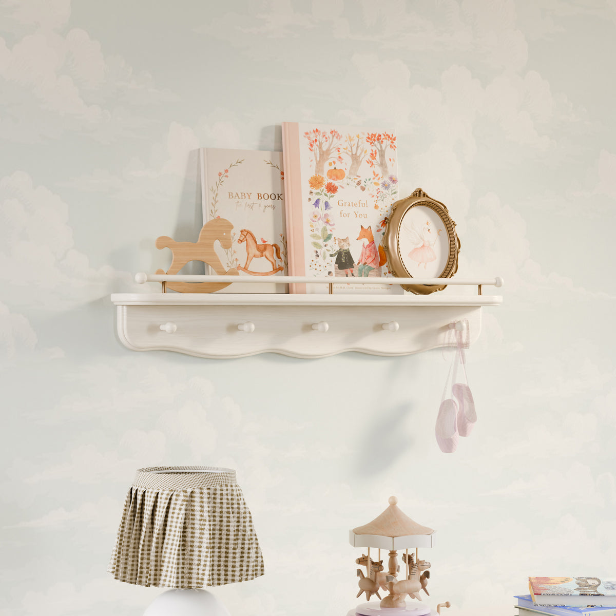 M7125RW,Namesake Kids,Liberty 31 Wall Shelf with Hooks in Warm White