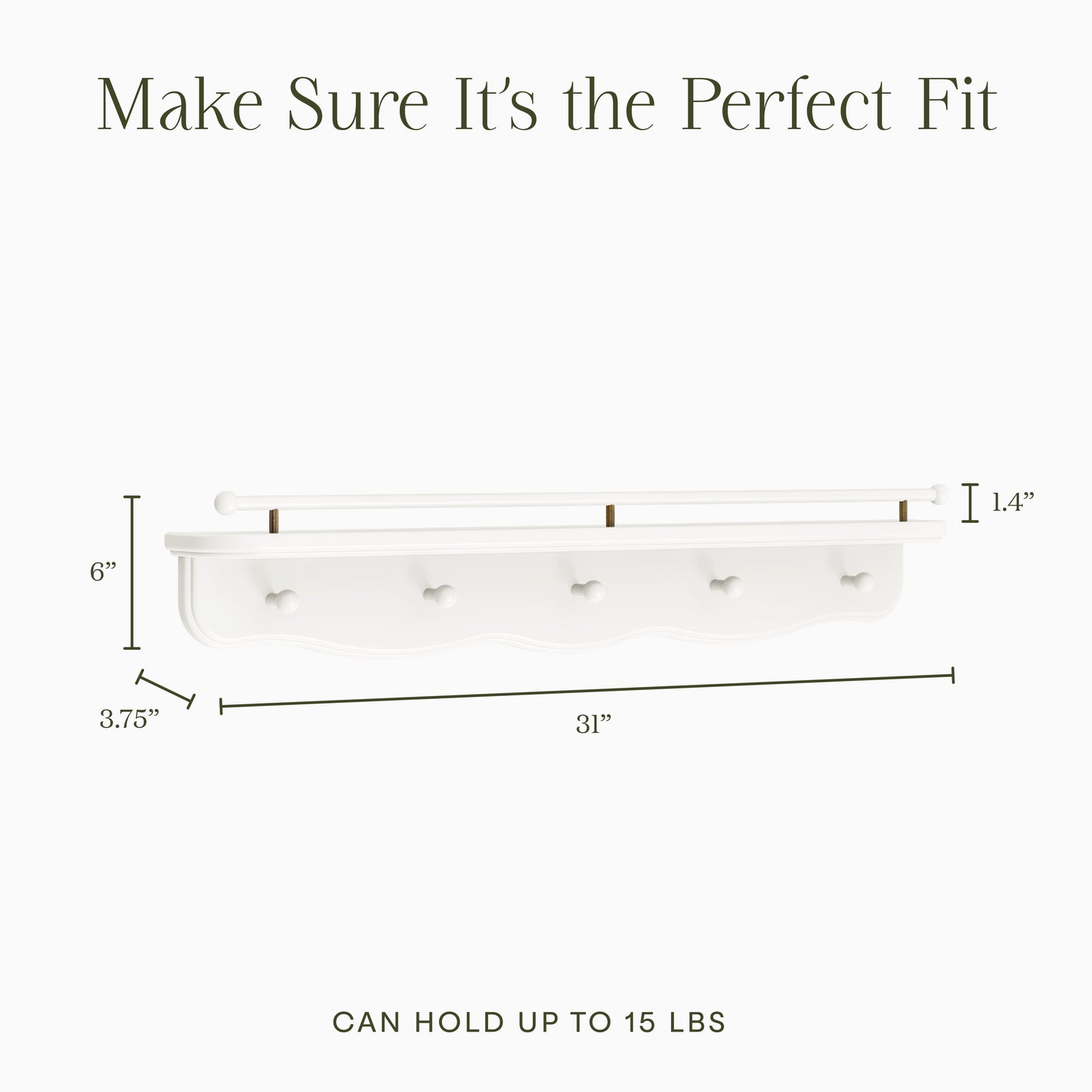 M7125RW,Namesake Kids,Liberty 31 Wall Shelf with Hooks in Warm White