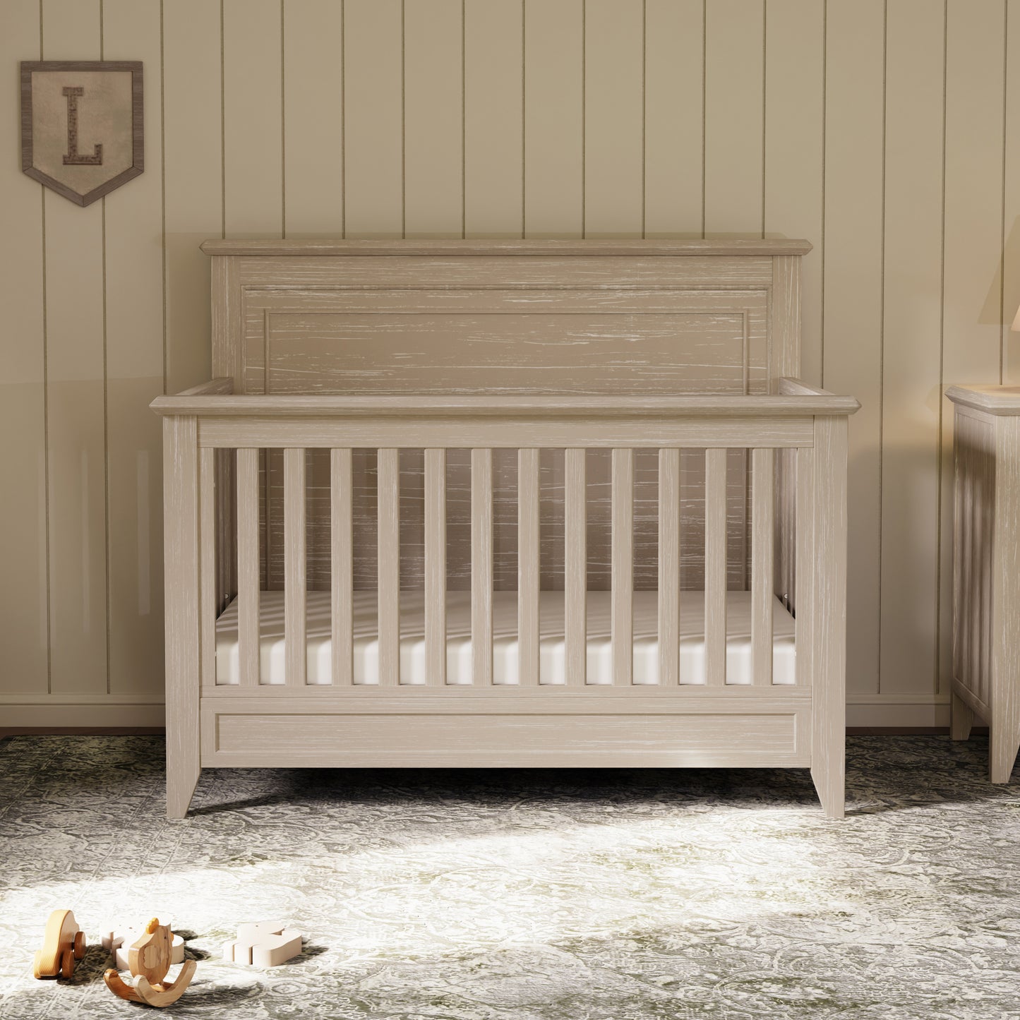 M24401SDB,Monogram by Namesake,Beckett Rustic 4-in-1 Convertible Flat Top Crib in Sandbar