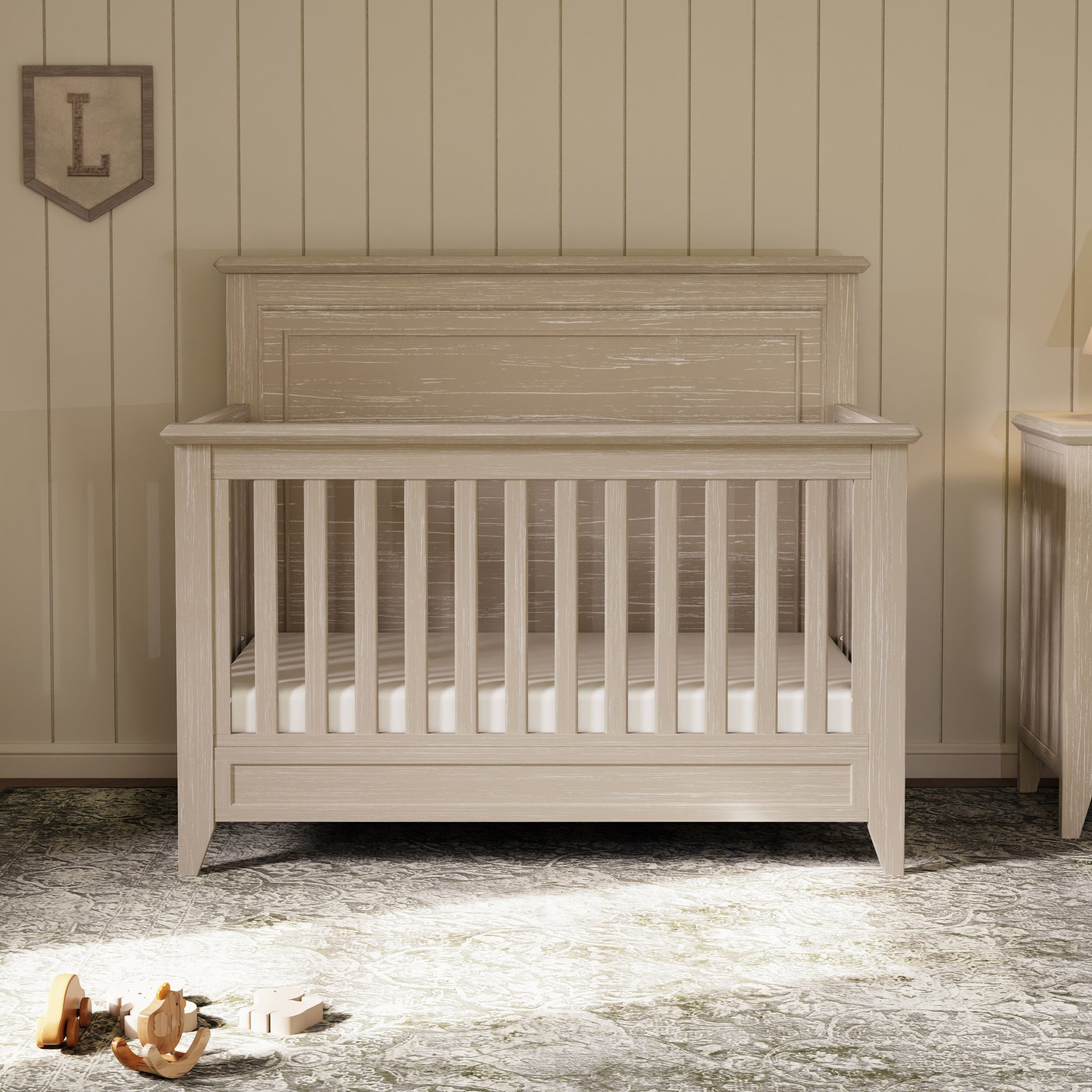 M24401SDB,Monogram by Namesake,Beckett Rustic 4-in-1 Convertible Flat Top Crib in Sandbar