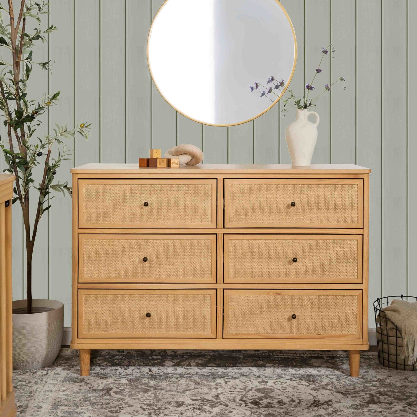 M23716HYHC,Namesake,Marin with Cane 6 Drawer Assembled Dresser in Honey and Honey Cane