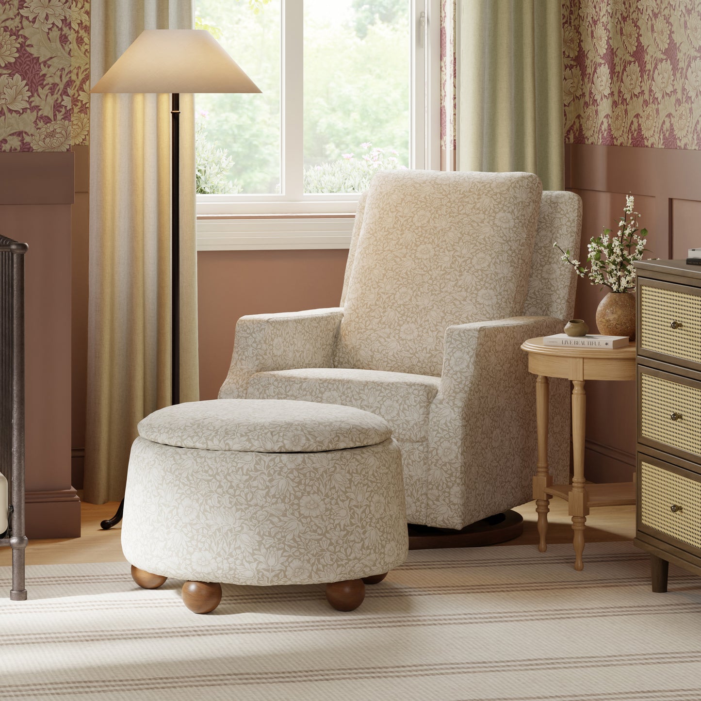 M30985MADF,Namesake,Tuffet Storage Ottoman Mallow in Ash w/ Dark Wood Ball Feet