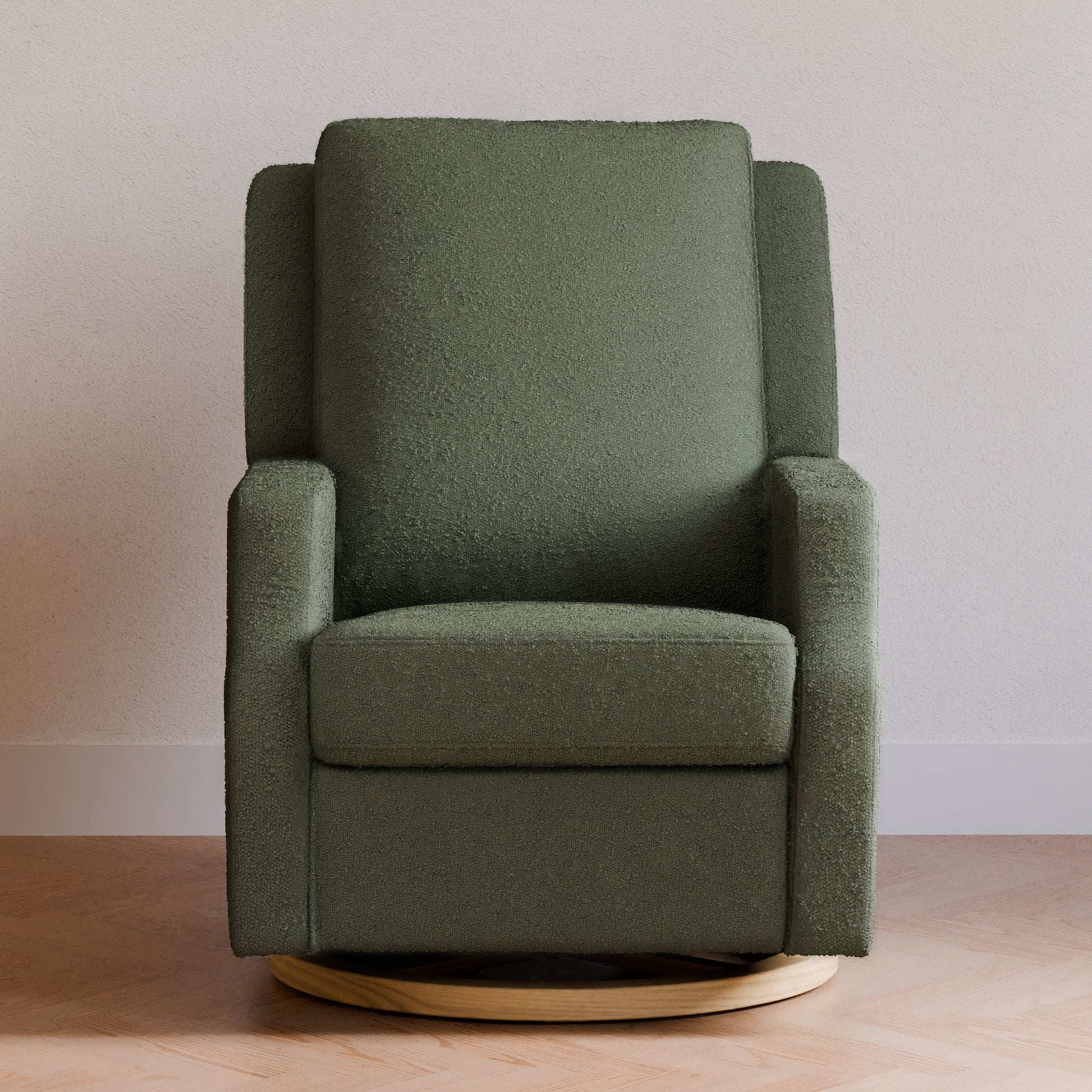 M22286OBLB,Namesake,Crewe Electronic Swivel Glider Recliner in Olive Boucle w/Light Wood Base