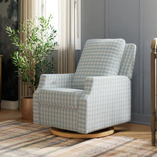 M22286BGHLB,Namesake,Crewe Electronic Swivel Glider Recliner in Blue Gingham with Light Wood Base