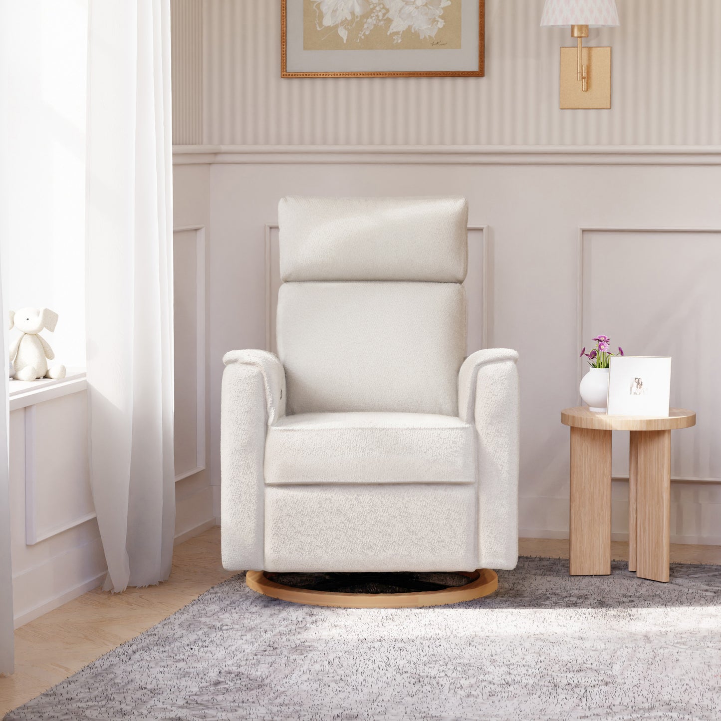 B17186WBLB,Monogram by Namesake,Willa Plus Power Glider Recliner w/ Power Headrest in Ivory Boucle with Light Wood Base