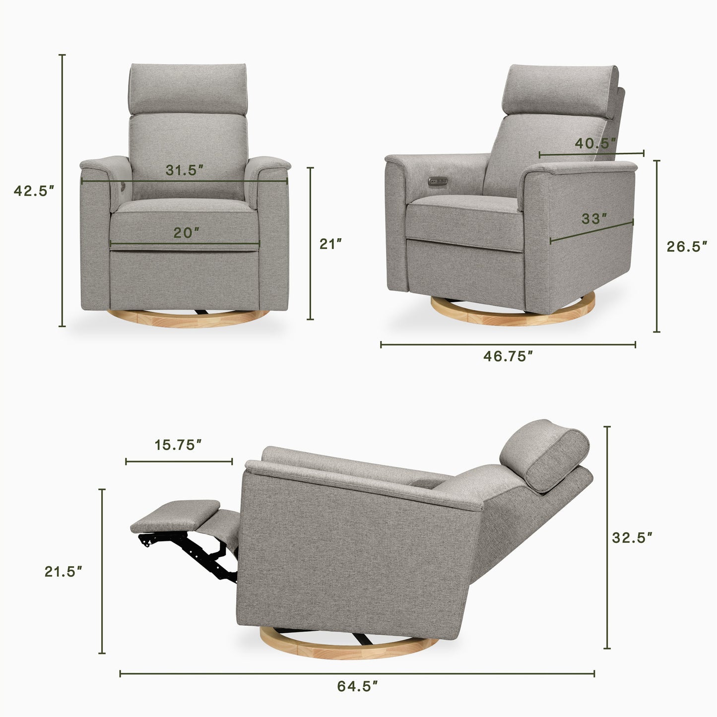 B17186PGEWLB,Monogram by Namesake,Willa Plus Power Glider Recliner w/ Power Headrest in Performance Grey Eco-Weave w/Light Wood Base