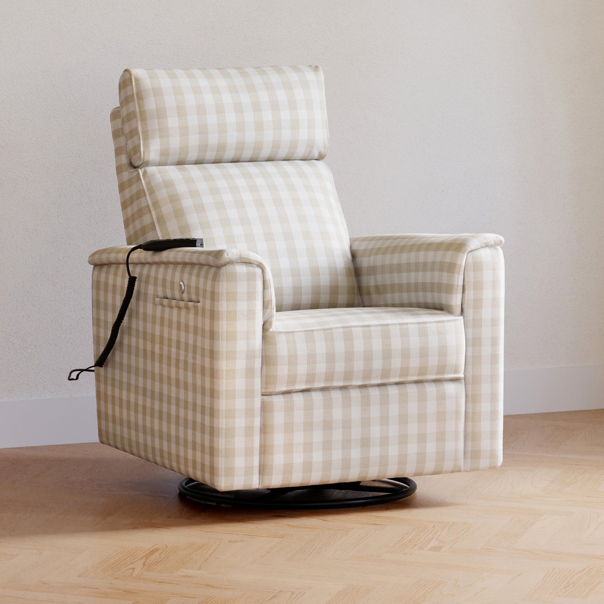 M17183TGH,Namesake,Willa Deluxe Power Glider Recliner w/Heat&Massage in Tan Gingham