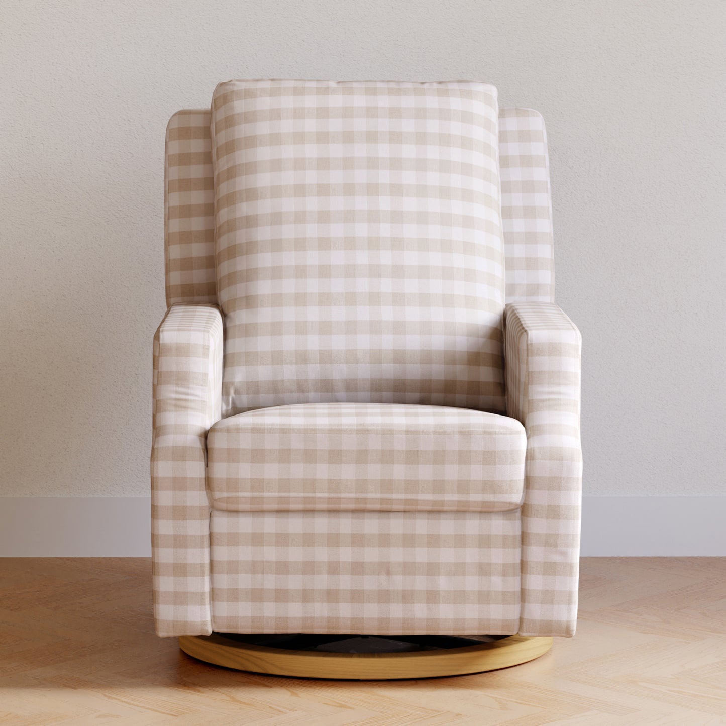 M22286TGHLB,Namesake,Crewe Electronic Swivel Glider Recliner in Tan Gingham with Light Wood Base
