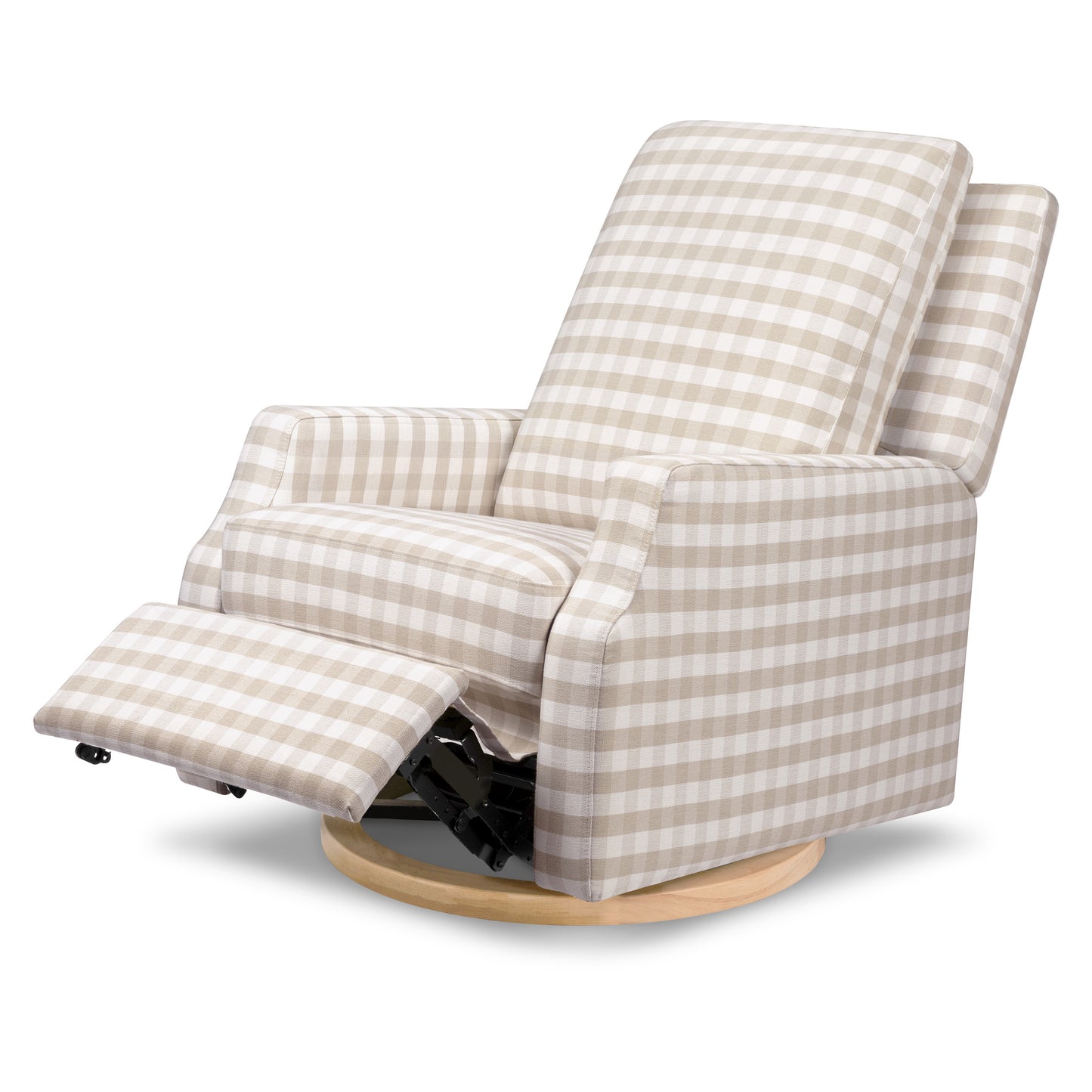 M22286TGHLB,Namesake,Crewe Electronic Swivel Glider Recliner in Tan Gingham with Light Wood Base