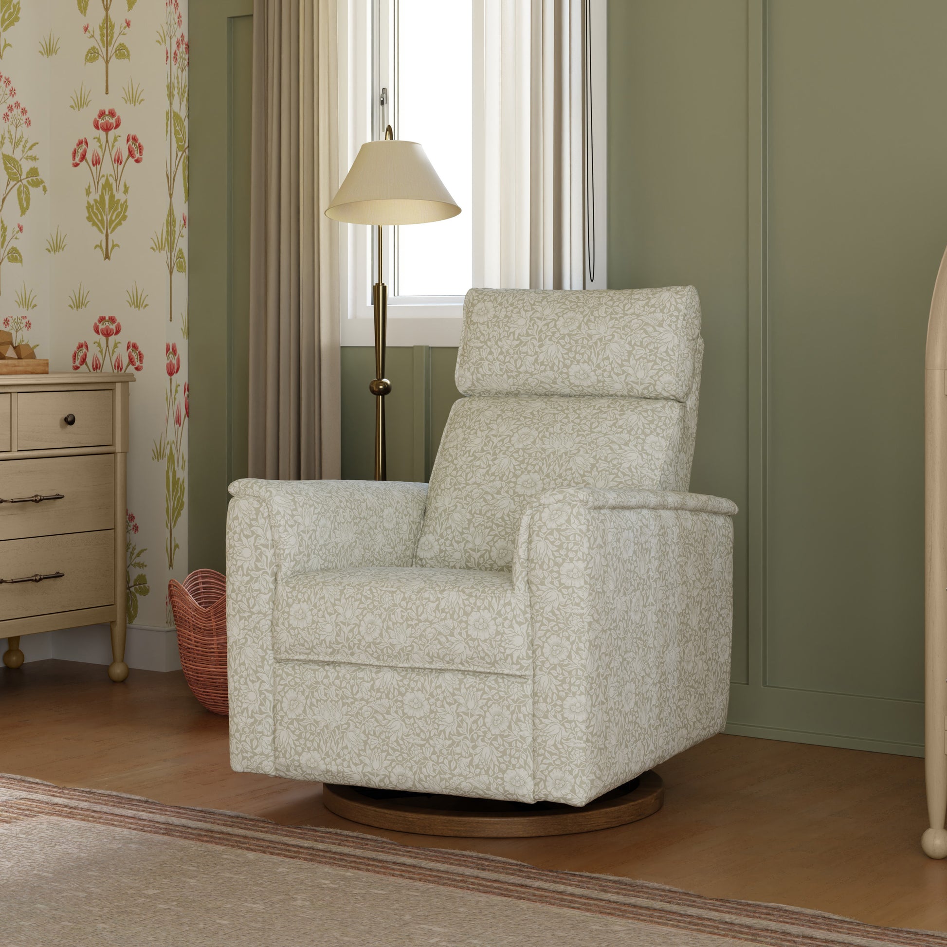 M17186MADB,Namesake,Willa Plus Power Glider Recliner w/ Power Headrest in Mallow in Ash w/ Dark Wood Base