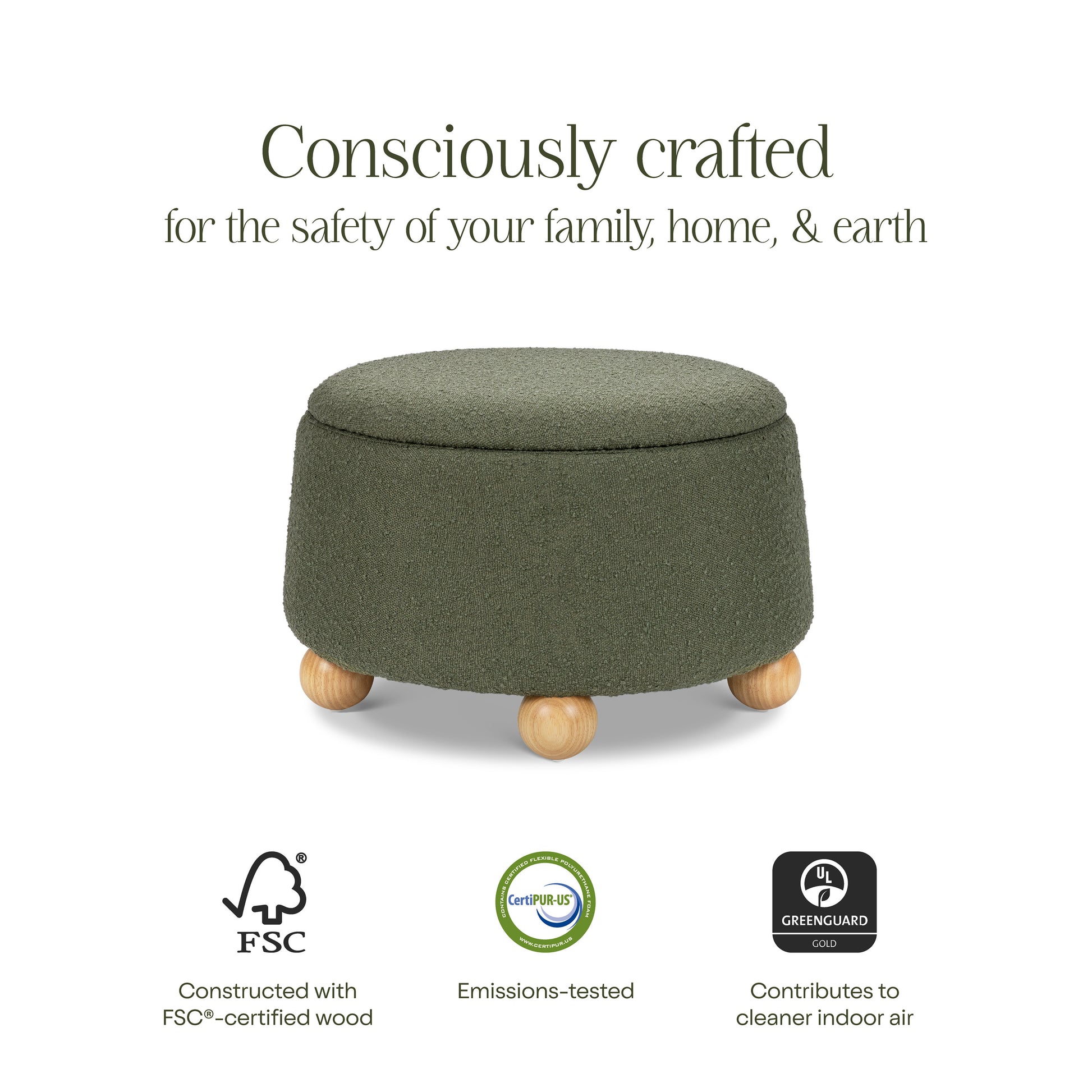 M30985POBHF,Namesake,Tuffet Storage Ottoman in Performance Olive Boucle w/Honey Ball Feet