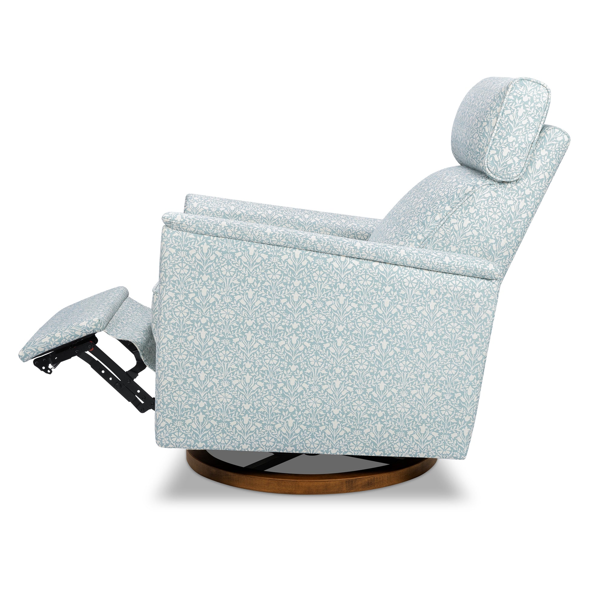 M17186BPBDB,Namesake,Willa Plus Power Glider Recliner w/ Power Headrest in Bellflowers in Powdered Blue w/ Dark Wood Base