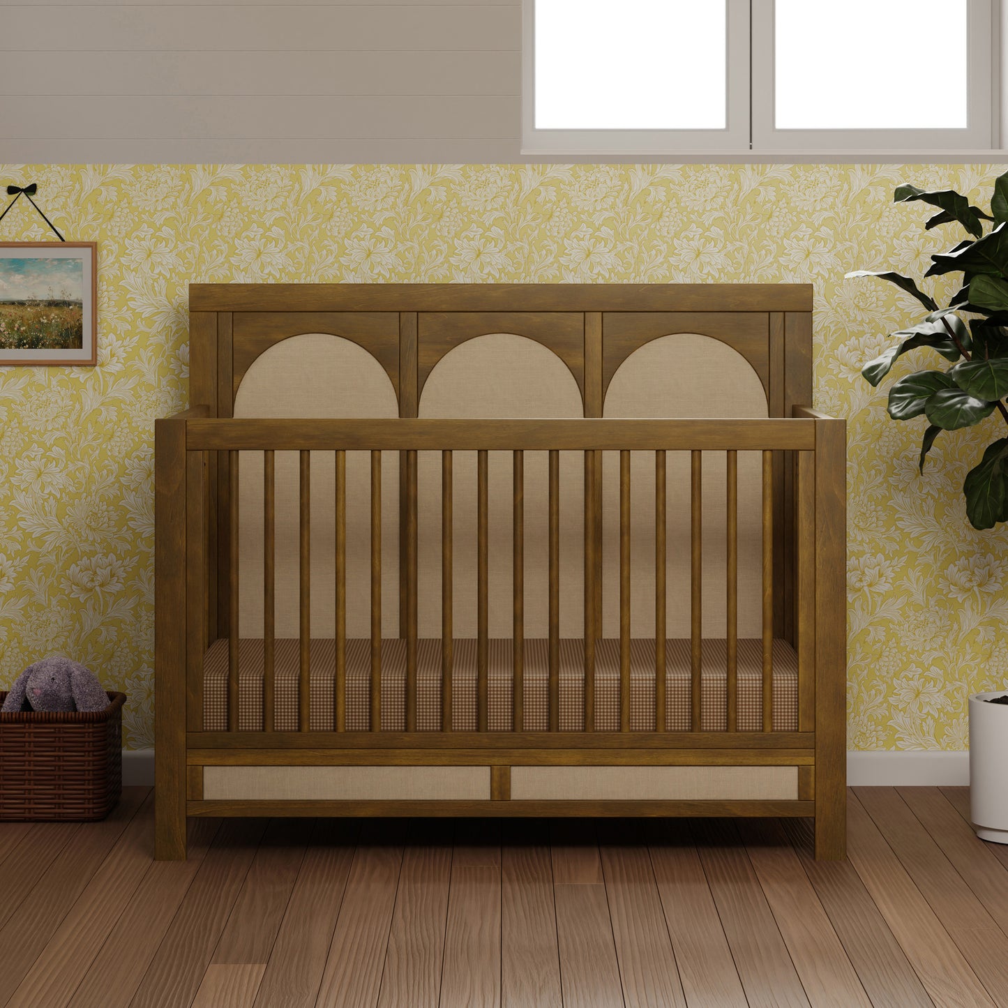 M24801NLPSEW,Namesake,Eloise 4-in-1 Convertible Crib in Natural Walnut & Performance Sand Eco-Weave
