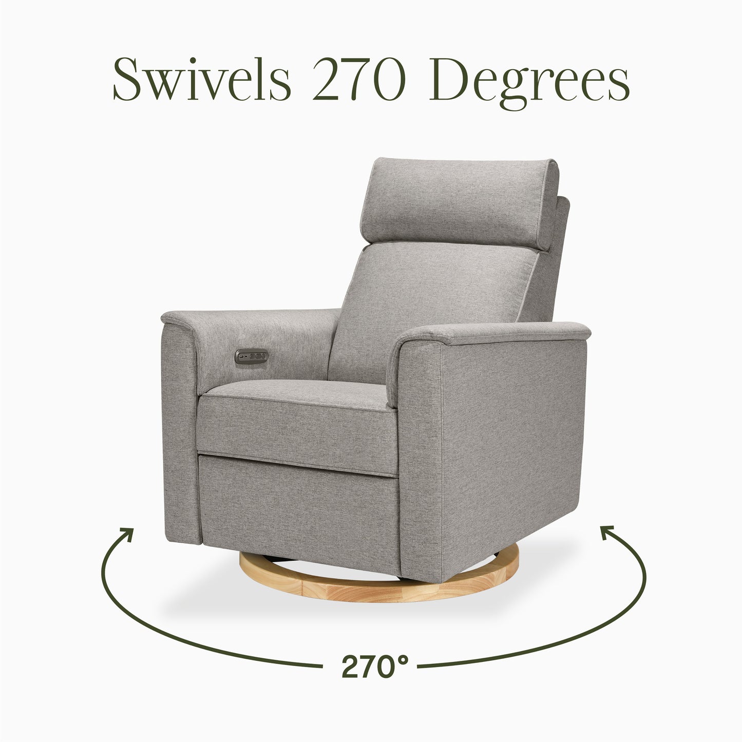 B17186PGEWLB,Monogram by Namesake,Willa Plus Power Glider Recliner w/ Power Headrest in Performance Grey Eco-Weave w/Light Wood Base