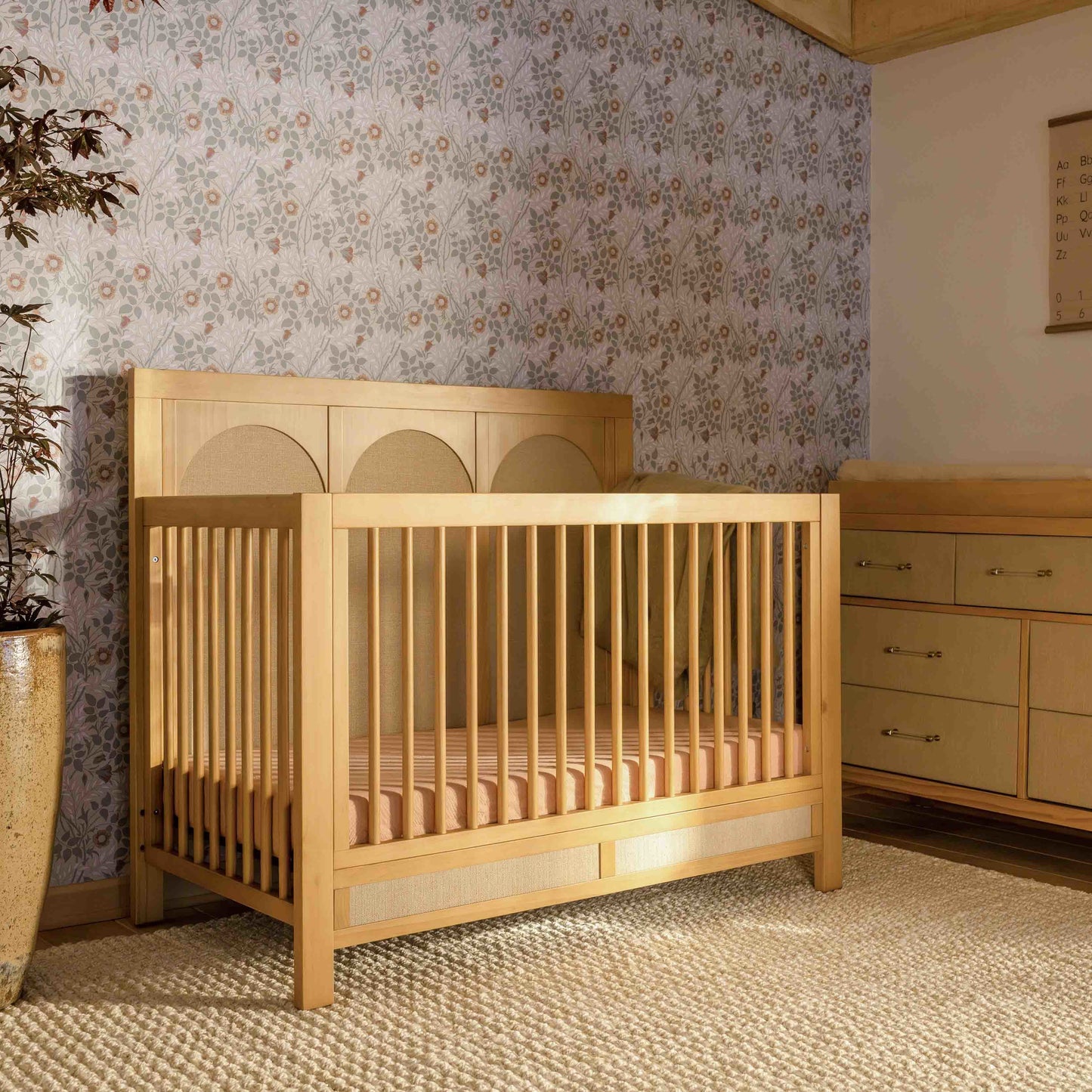 M24801HYPSEW,Namesake,Eloise 4-in-1 Convertible Crib in Honey & Performance Sand Eco-Weave