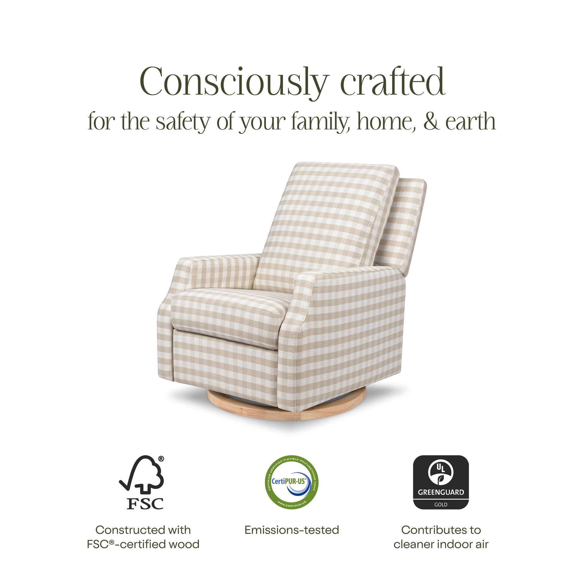 M22286TGHLB,Namesake,Crewe Electronic Swivel Glider Recliner in Tan Gingham with Light Wood Base