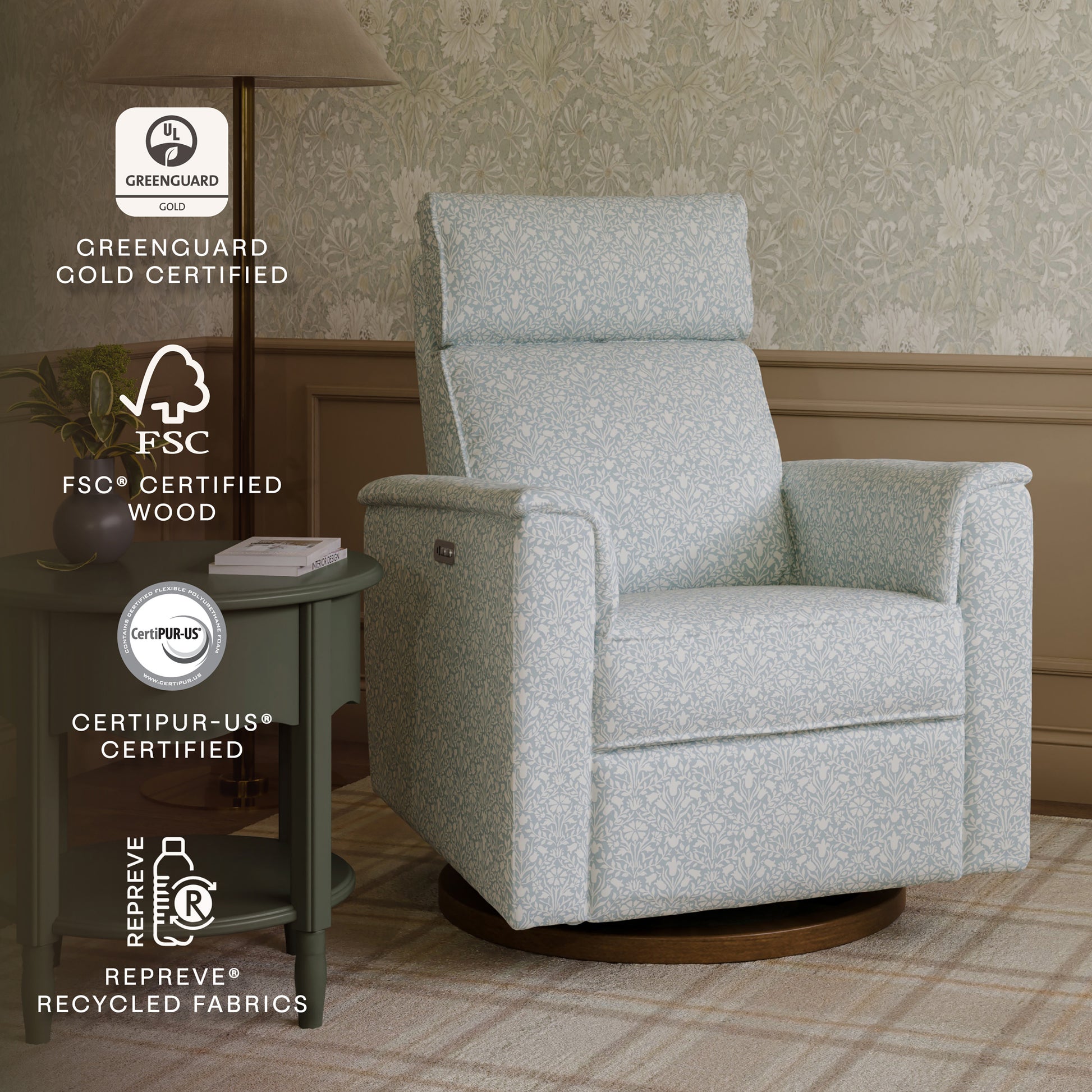 M17186BPBDB,Namesake,Willa Plus Power Glider Recliner w/ Power Headrest in Bellflowers in Powdered Blue w/ Dark Wood Base