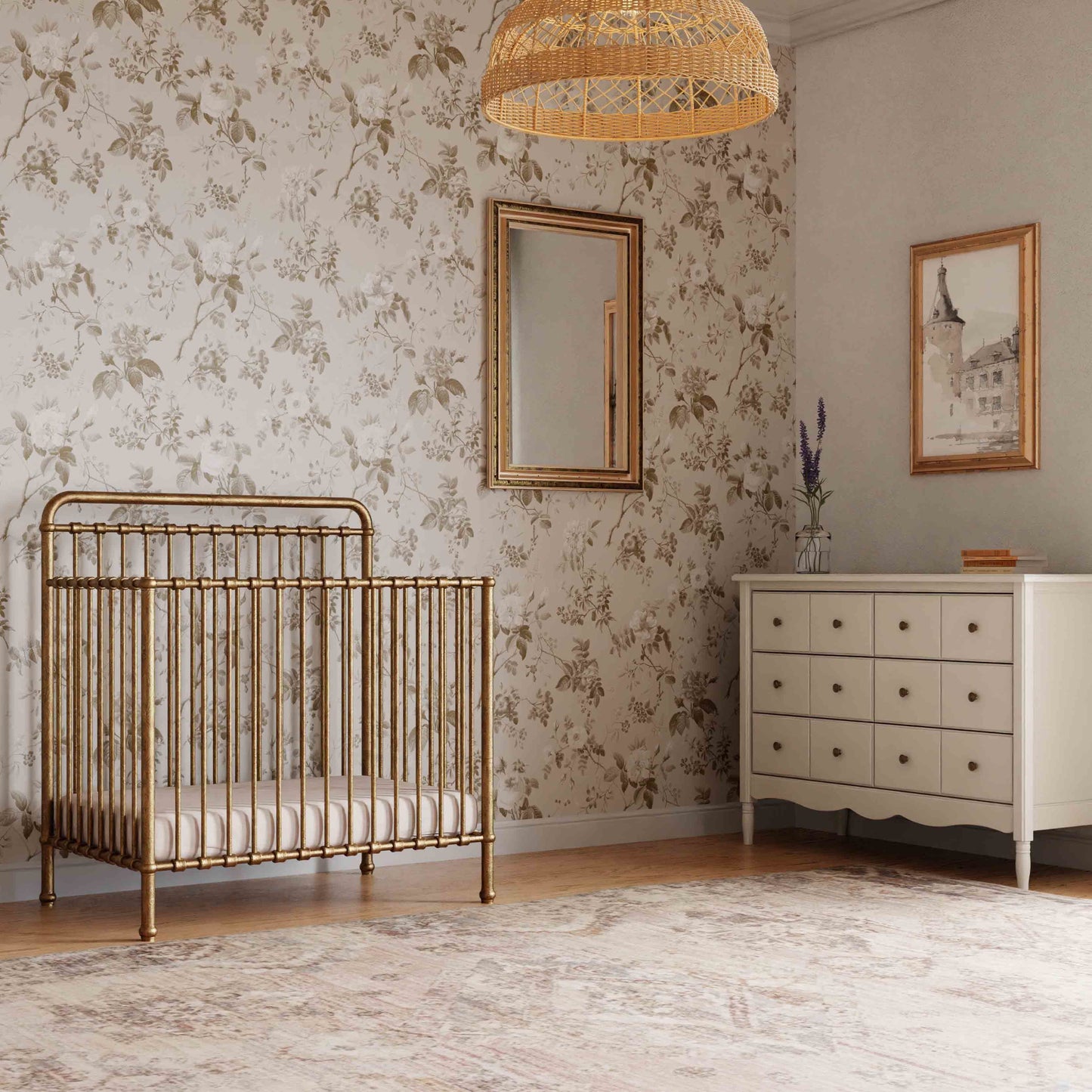 M15398VG,Namesake,Winston 4-in-1 Convertible Mini Crib in Vintage Gold