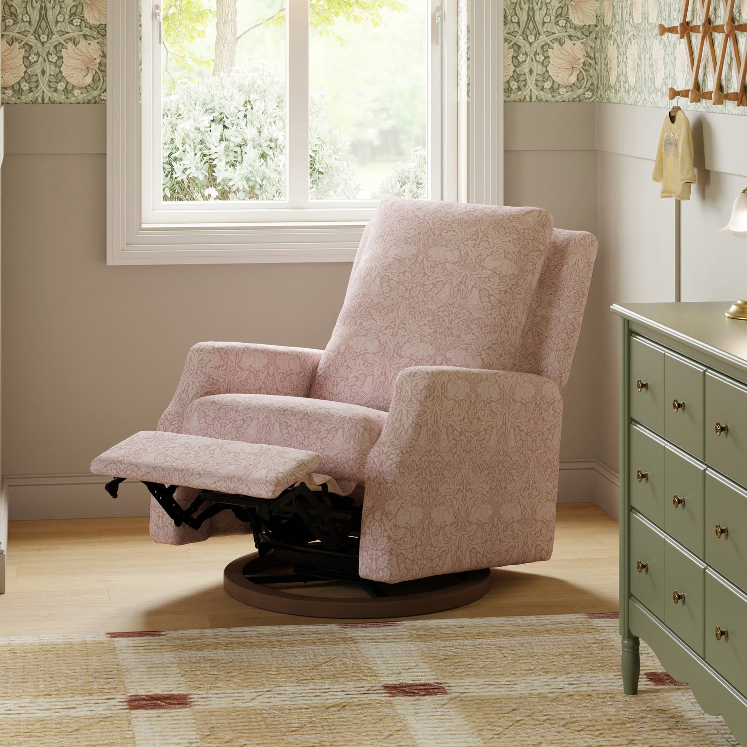 M22287PBRRDB,Namesake,Morris & Co. x Namesake Crewe Recliner & Glider in Pure Brer Rabbit in Rose w/Dark Wood Base