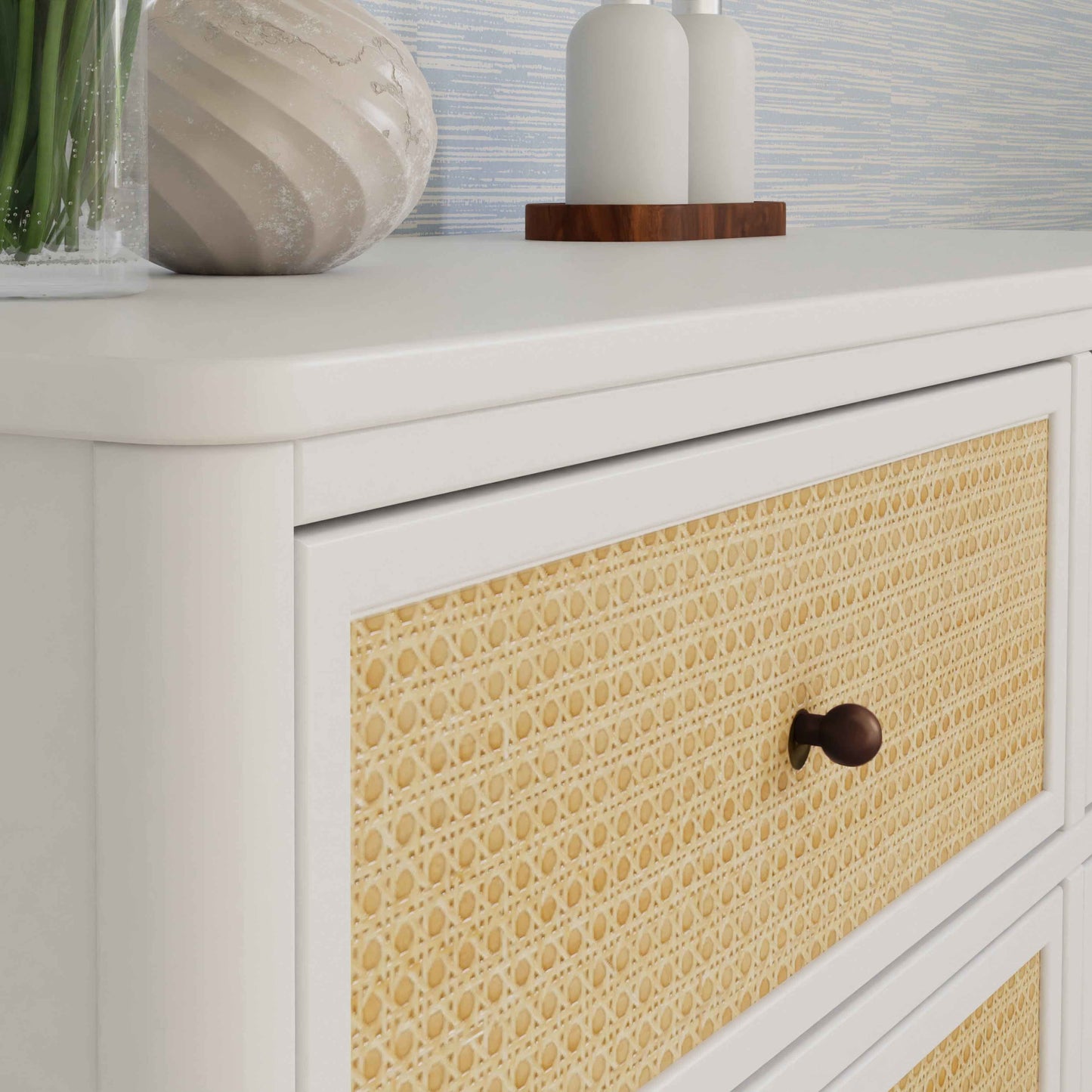 M23716RWHC,Namesake,Marin with Cane 6 Drawer Assembled Dresser in Warm White and Honey Cane