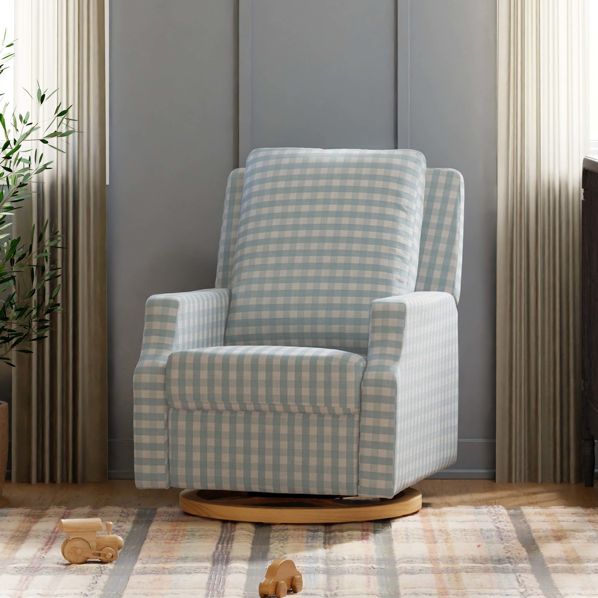 M22287BGHLB,Namesake,Crewe Recliner and Swivel Glider in Blue Gingham with Light Wood Base