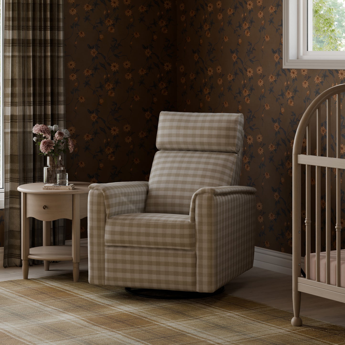 M17186TGH,Namesake,Willa Plus Power Glider Recliner w/ Power Headrest in Tan Gingham