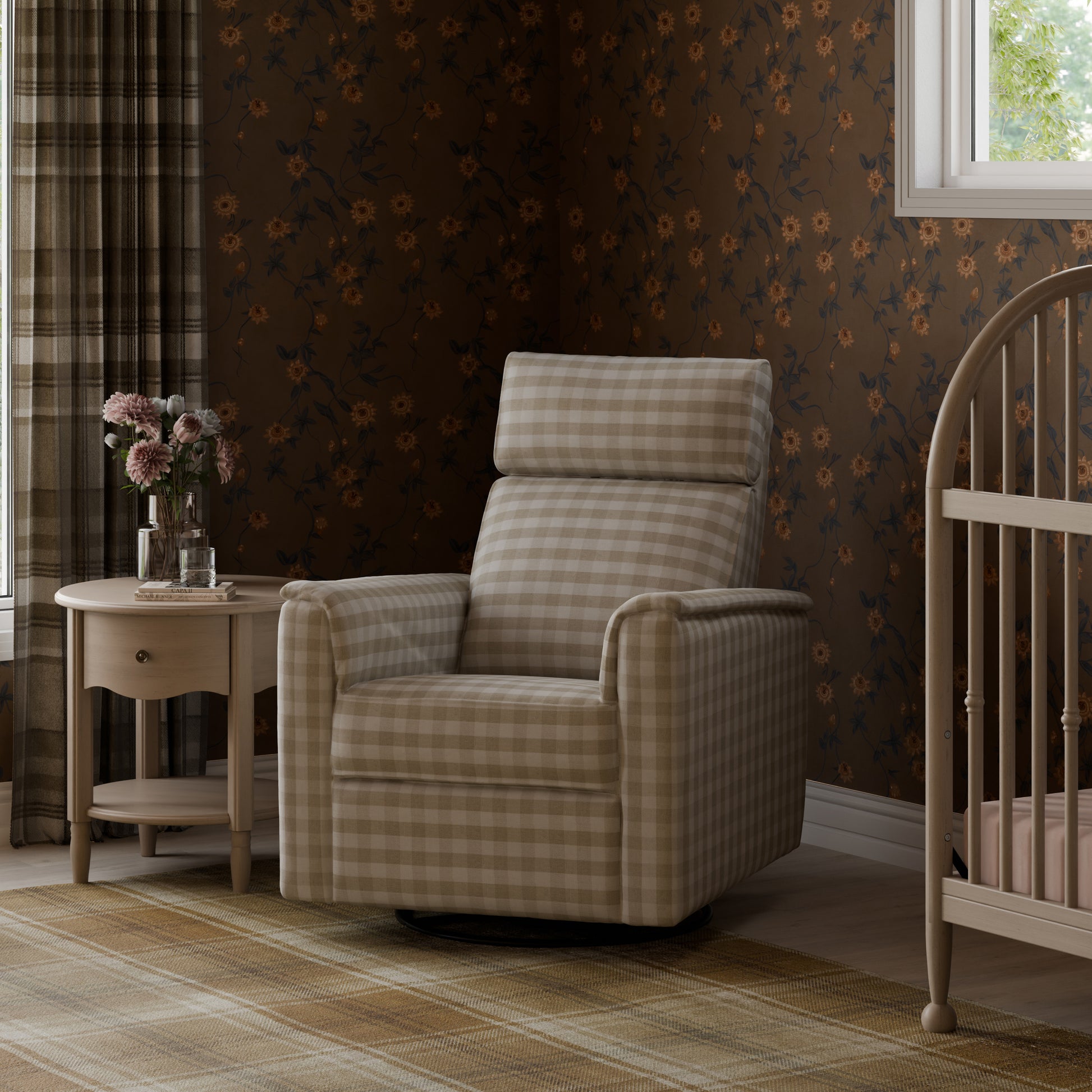 M17186TGH,Namesake,Willa Plus Power Glider Recliner w/ Power Headrest in Tan Gingham
