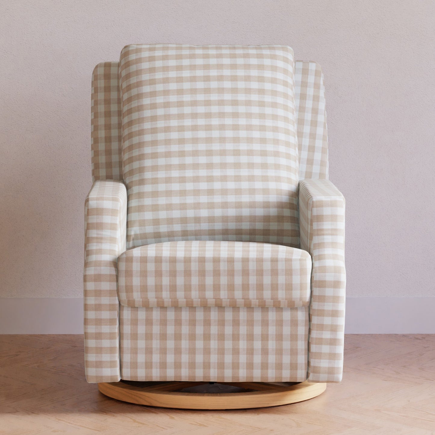 M22286TGHLB,Namesake,Crewe Electronic Swivel Glider Recliner in Tan Gingham with Light Wood Base